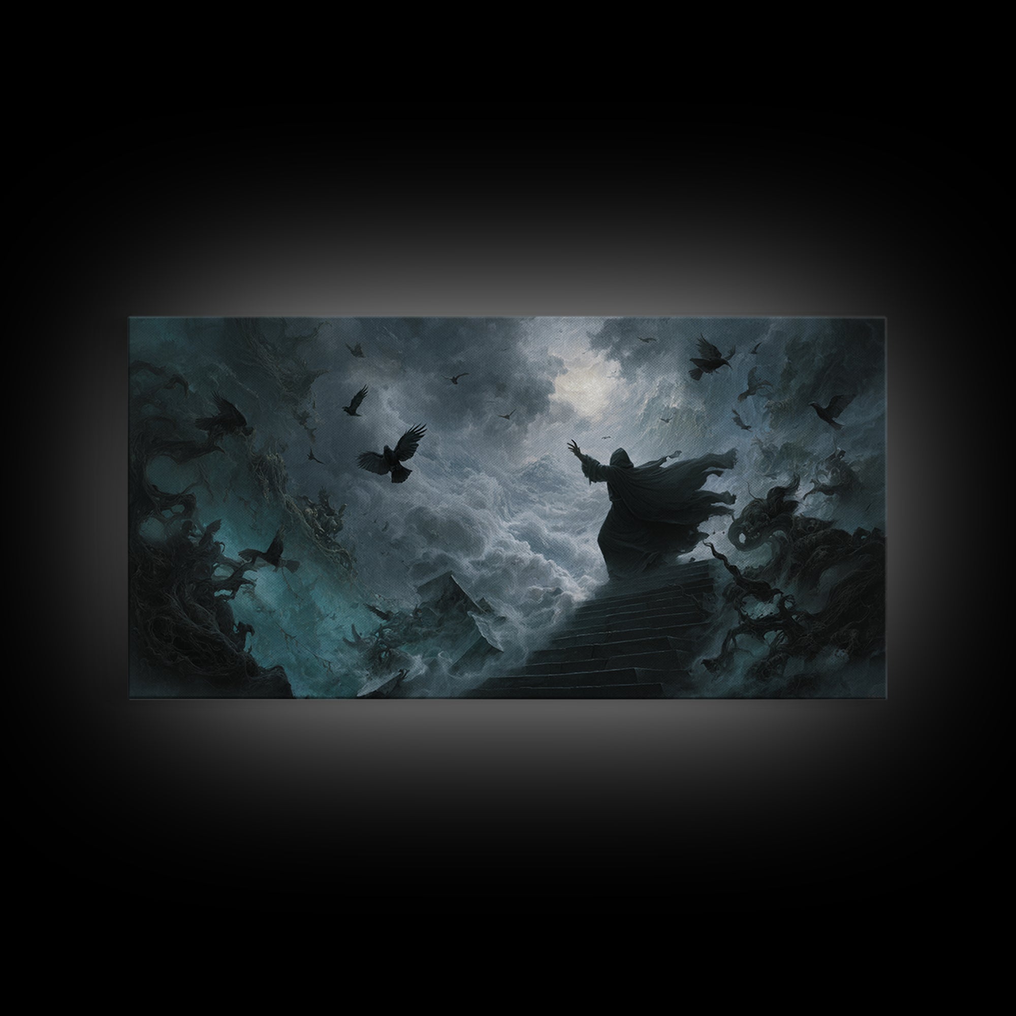 The Raven Sermon Of Leng, Wide Panoramic Art, Lovecraftian Horror Art, Canvas Print, Halloween Wall Decor, Gothic Home Decor