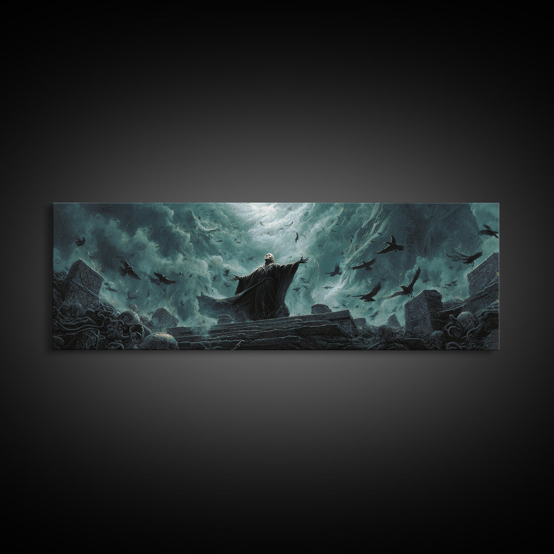 The Raven Sermon Of Leng, Extra Wide Wall Art, Cosmic Horror Wall Art, Framed Canvas Print, Halloween Wall Decor, Gothic Home Decor