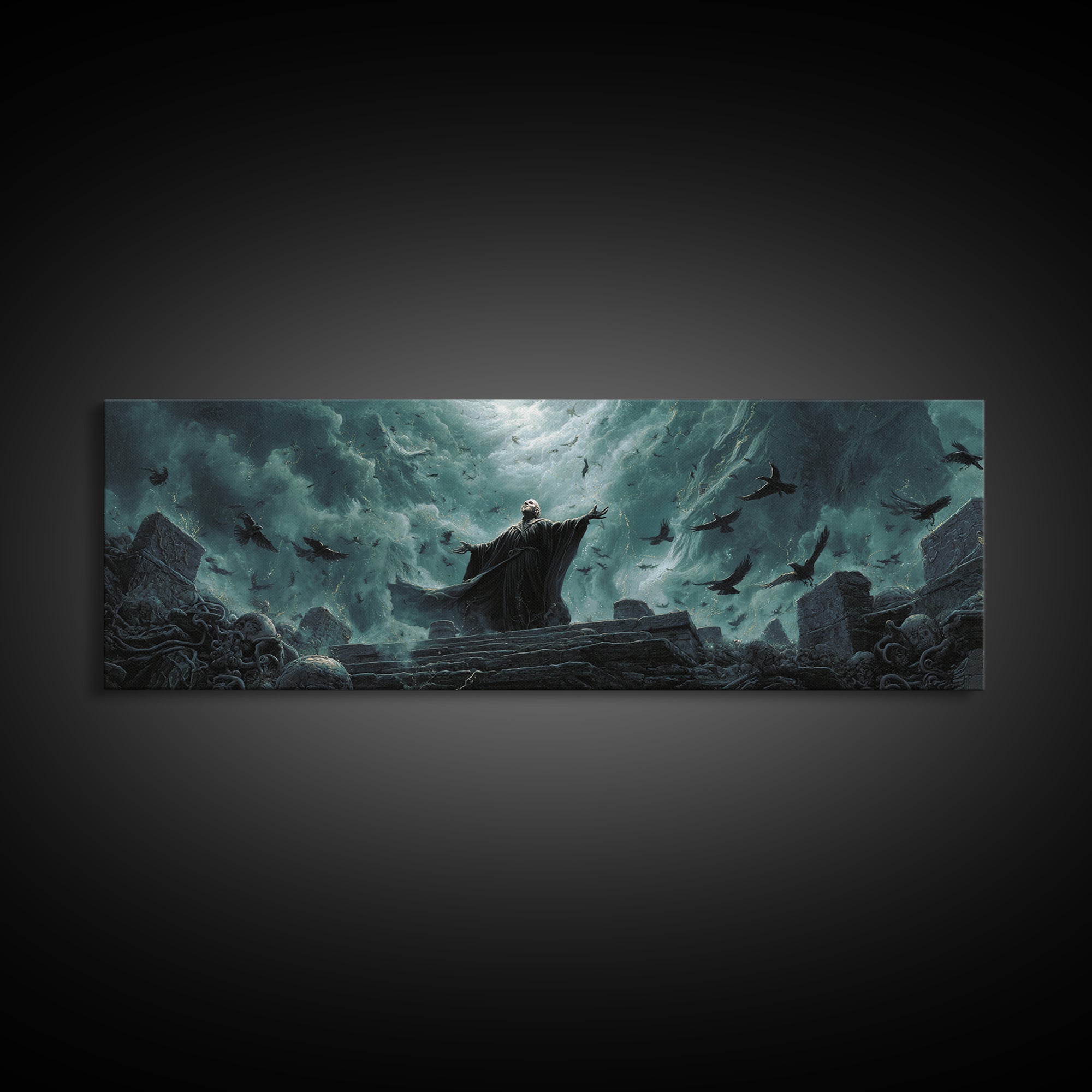 The Raven Sermon Of Leng, Extra Wide Wall Art, Cosmic Horror Wall Art, Framed Canvas Print, Halloween Wall Decor, Gothic Home Decor