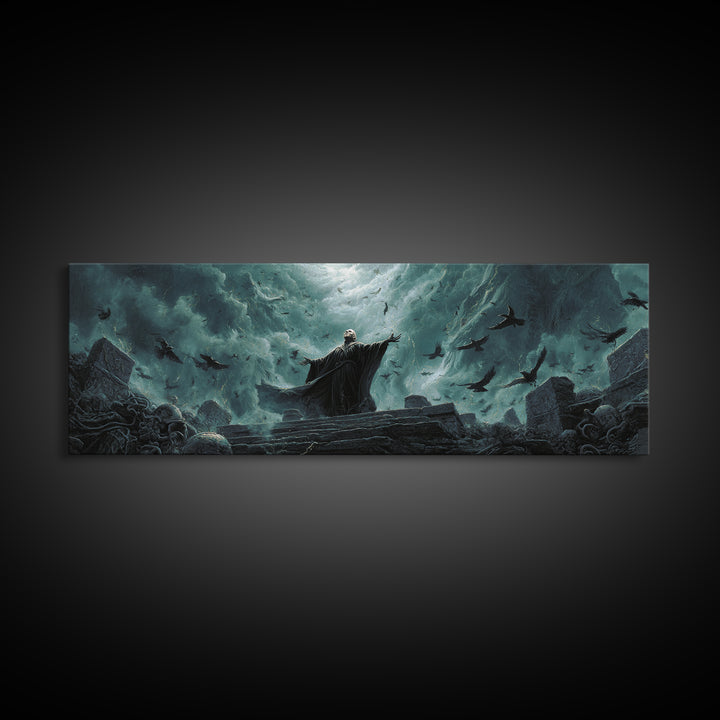 The Raven Sermon Of Leng, Extra Wide Wall Art, Cosmic Horror Wall Art, Framed Canvas Print, Halloween Wall Decor, Gothic Home Decor