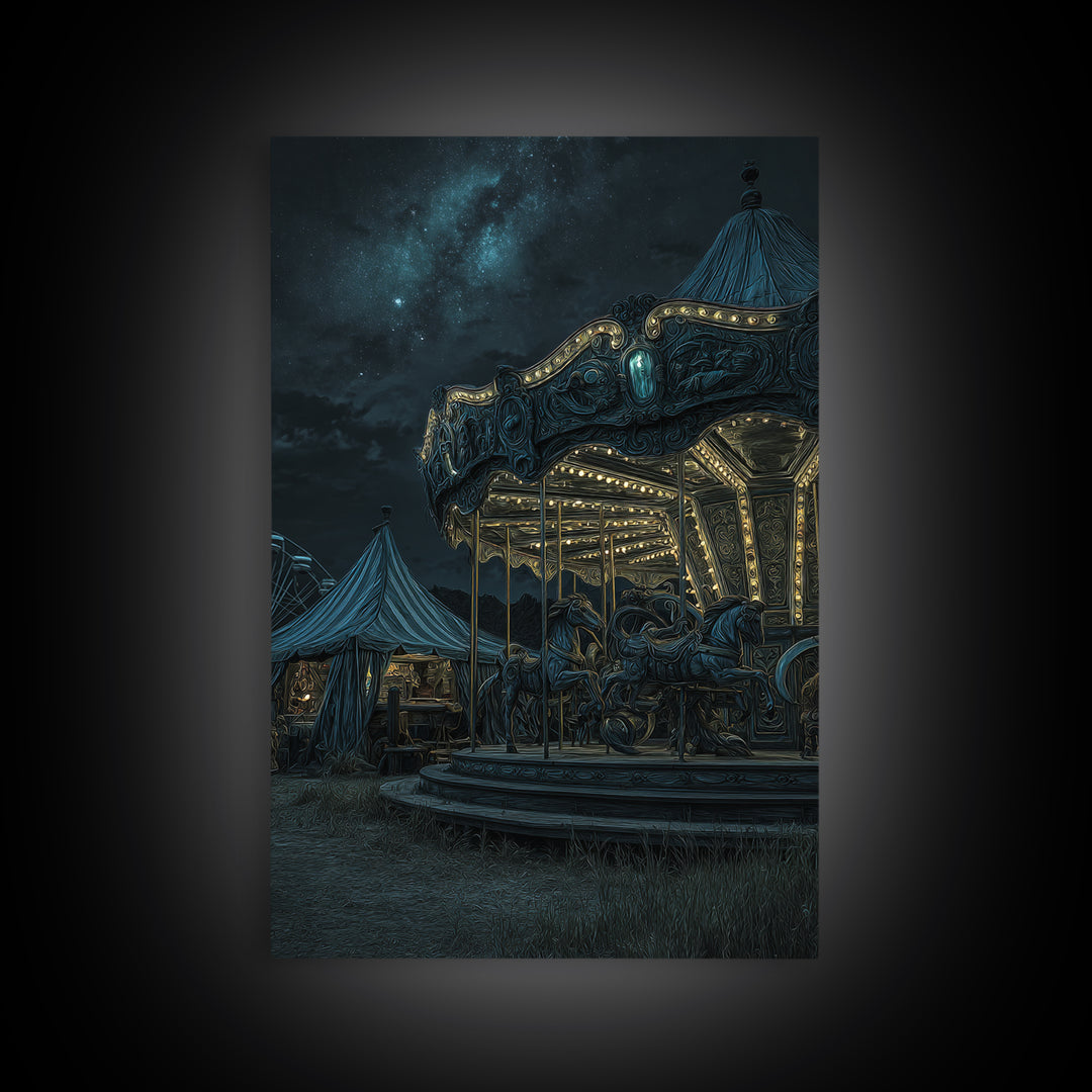 The Carousel Of Sleeping Planets, Vertical Wall Art, Dark Fantasy Wall Art, Framed Canvas Print, Halloween Wall Decor, Gothic Home Decor