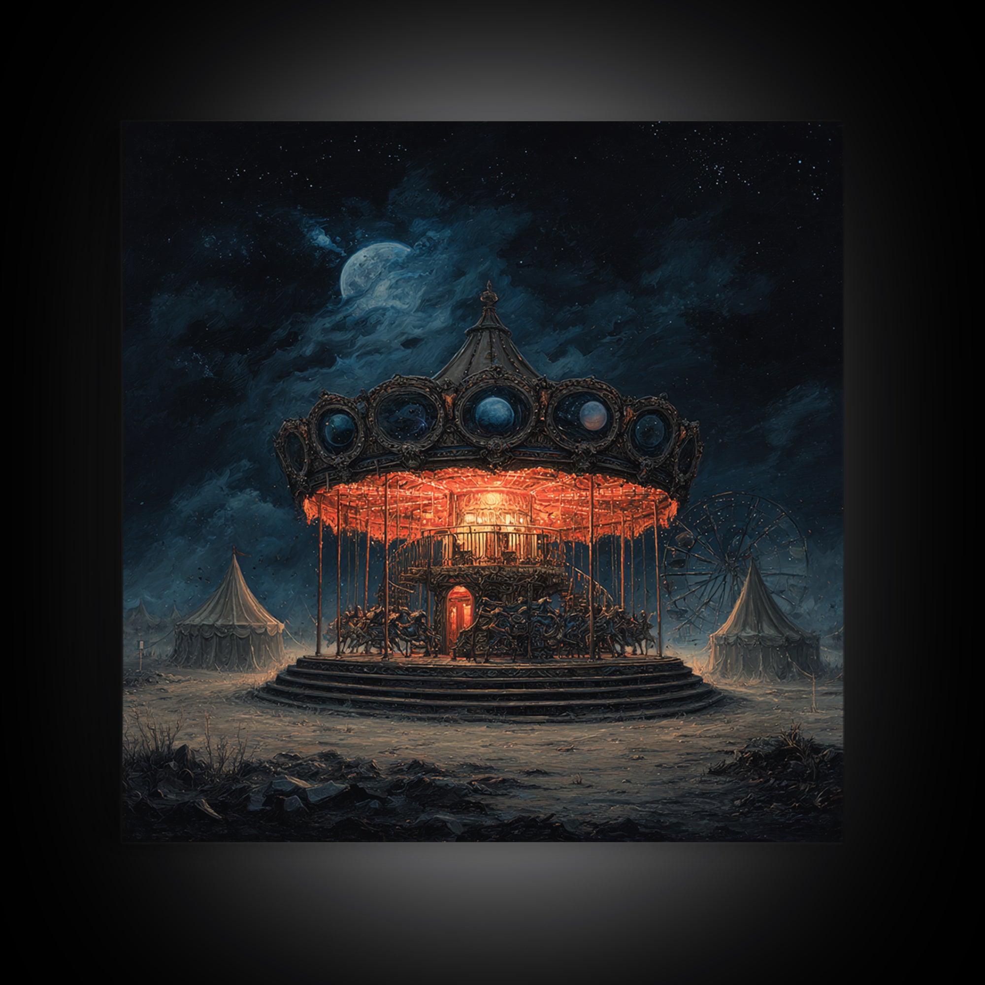 The Carousel Of Sleeping Planets, Square Wall Art, Haunted Gothic Art, Framed Canvas Print, Halloween Wall Decor, Gothic Home Decor