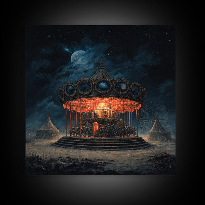 The Carousel Of Sleeping Planets, Square Wall Art, Haunted Gothic Art, Framed Canvas Print, Halloween Wall Decor, Gothic Home Decor