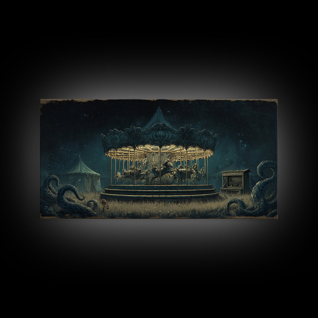 The Carousel Of Sleeping Planets, Wide Panoramic Art, Lovecraftian Horror Art, Canvas Print, Halloween Wall Decor, Gothic Home Decor