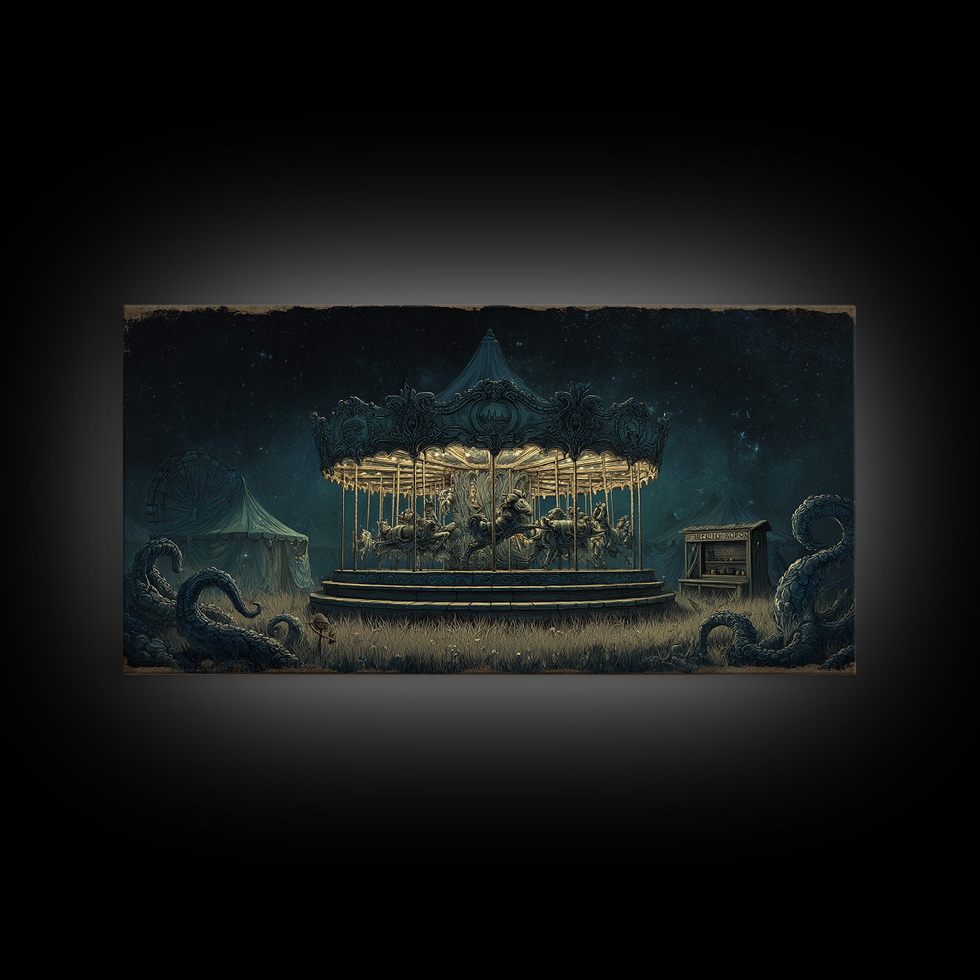 The Carousel Of Sleeping Planets, Wide Panoramic Art, Lovecraftian Horror Art, Canvas Print, Halloween Wall Decor, Gothic Home Decor