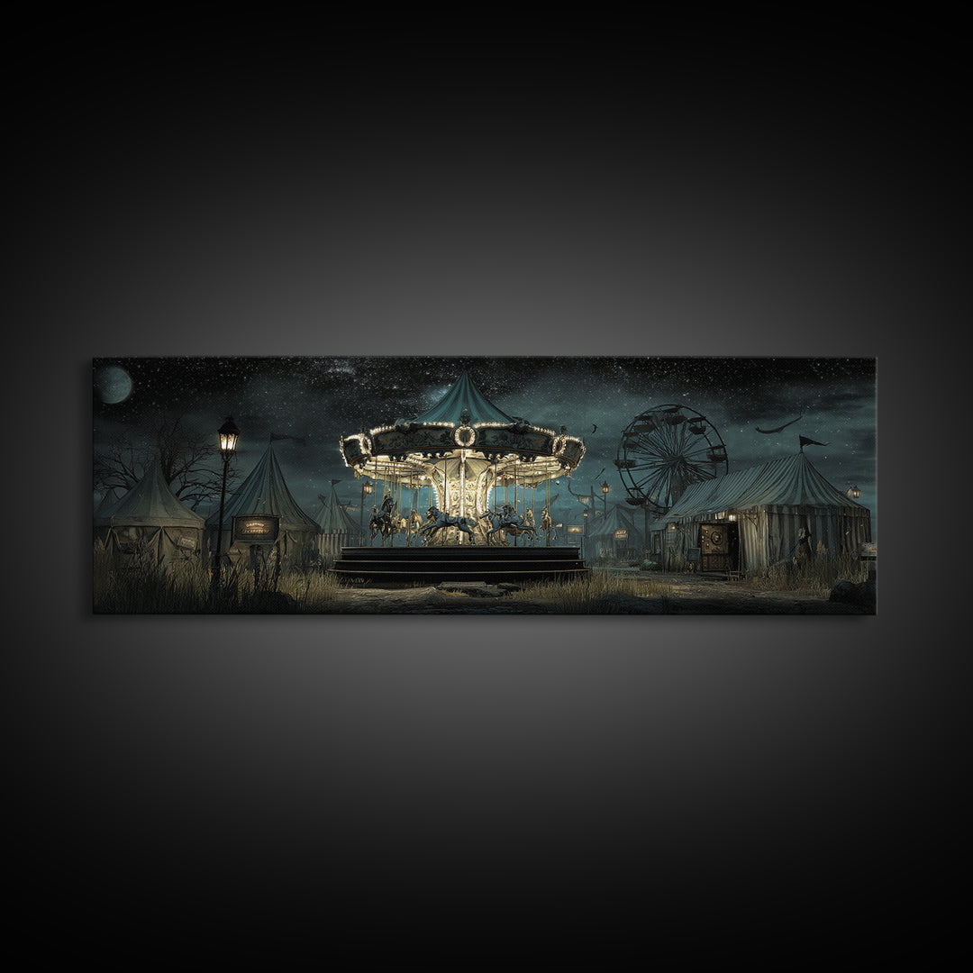 The Carousel Of Sleeping Planets, Extra Wide Wall Art, Haunted Gothic Art, Canvas Print, Halloween Wall Decor, Gothic Home Decor