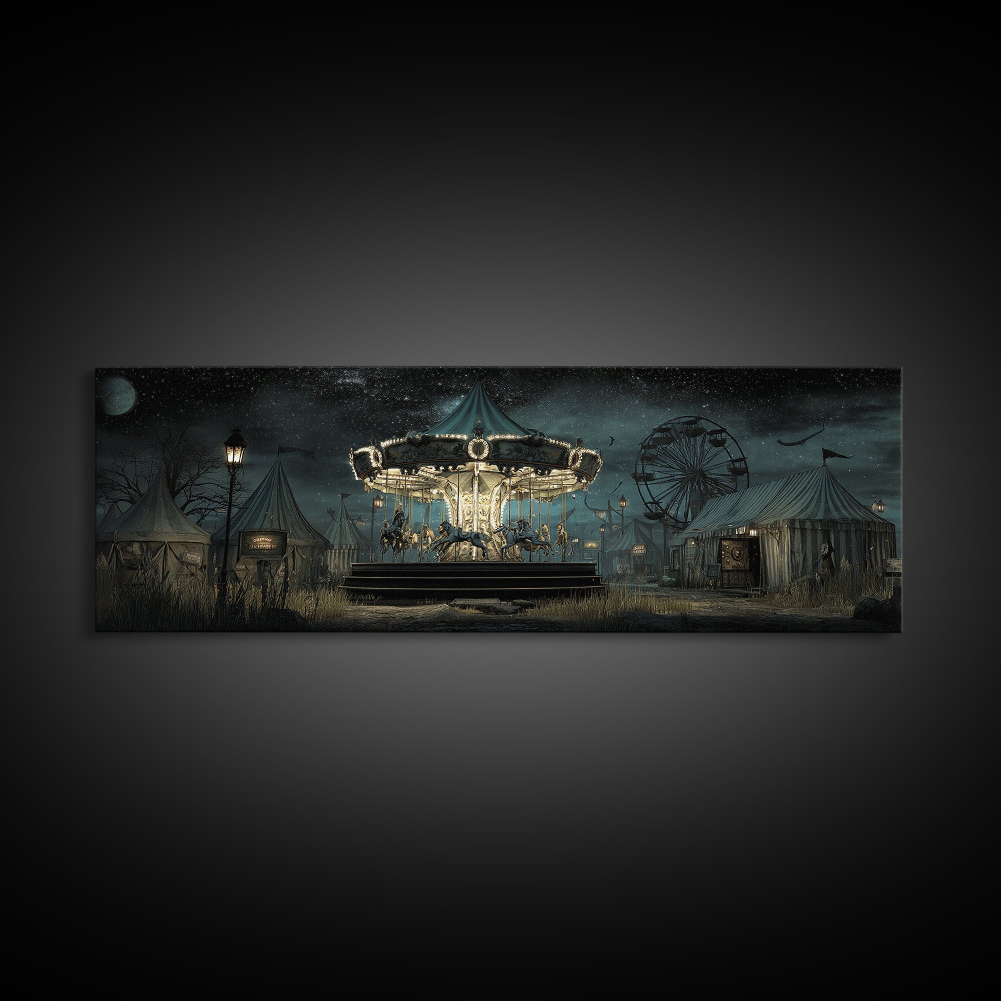 The Carousel Of Sleeping Planets, Extra Wide Wall Art, Haunted Gothic Art, Canvas Print, Halloween Wall Decor, Gothic Home Decor