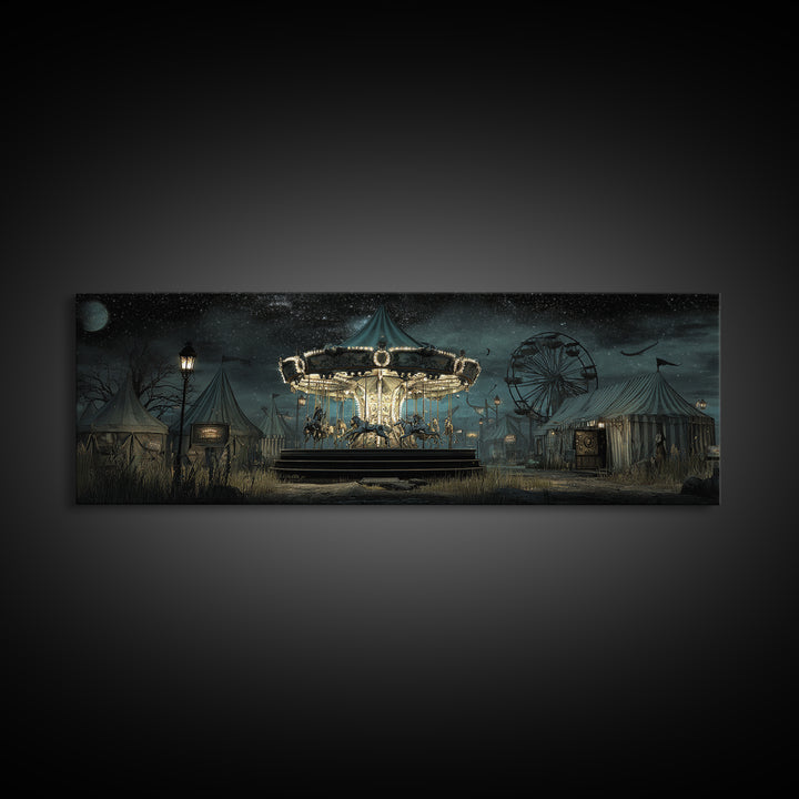 The Carousel Of Sleeping Planets, Extra Wide Wall Art, Haunted Gothic Art, Canvas Print, Halloween Wall Decor, Gothic Home Decor