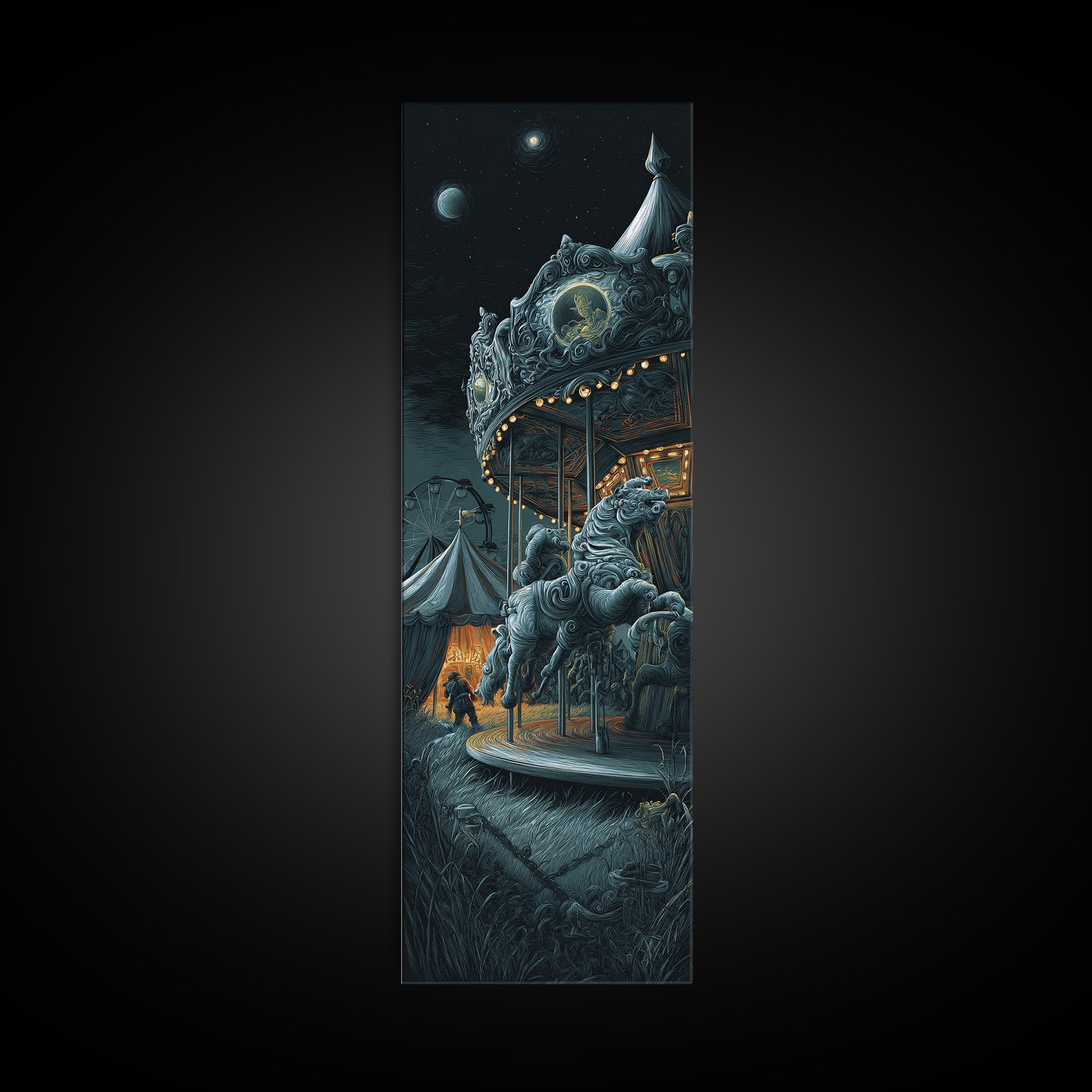 The Carousel Of Sleeping Planets, Tall Narrow Wall Art, Eldritch Gothic Decor, Framed Canvas Print, Halloween Wall Decor, Gothic Home Decor
