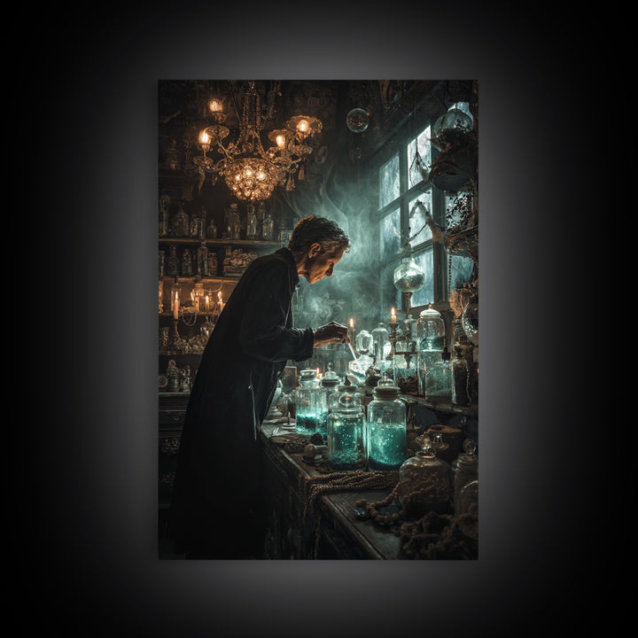 The Apothecary Of Black Seashell Dreams, Vertical Wall Art, Haunted Gothic Art, Framed Canvas Print, Halloween Wall Decor, Gothic Home Decor