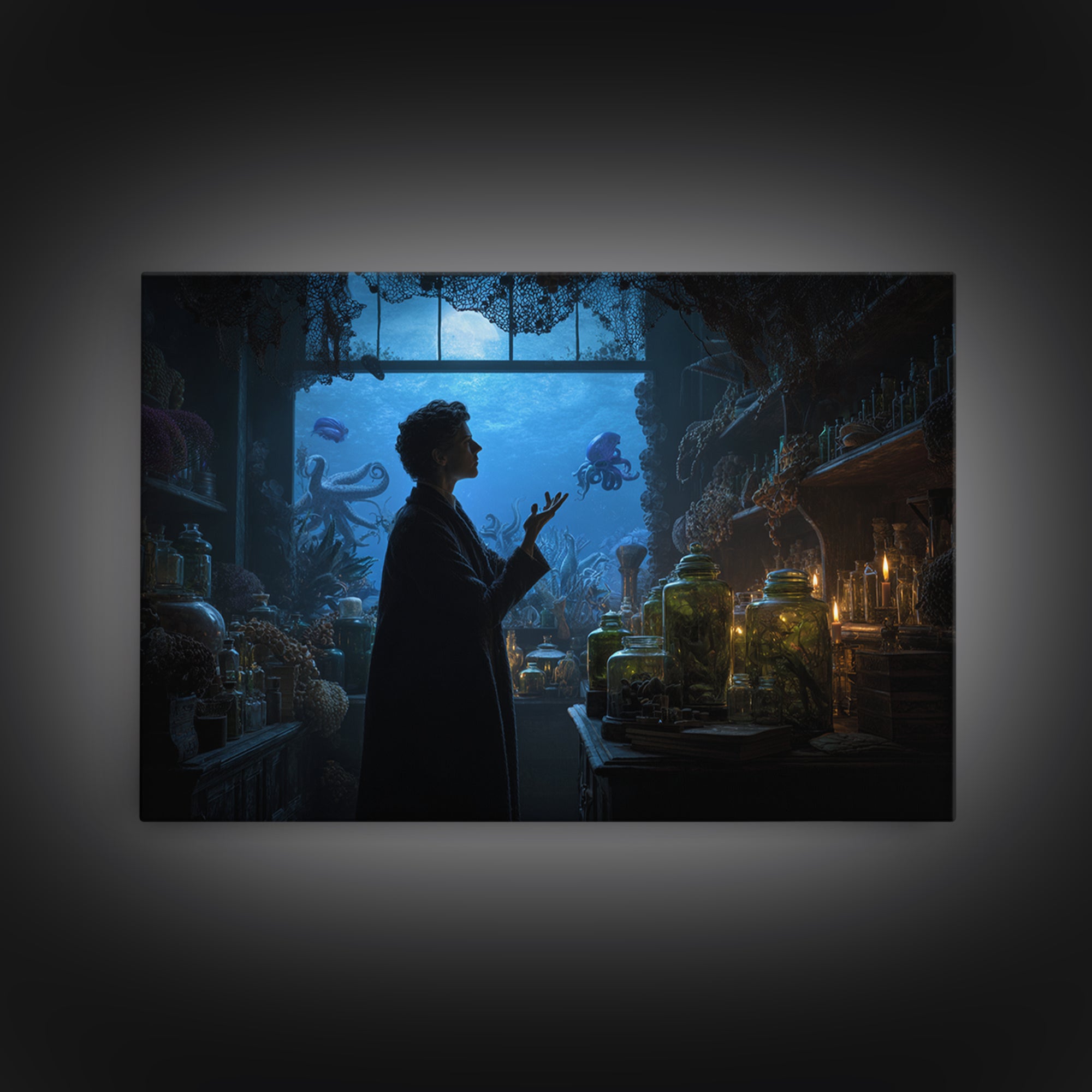 The Apothecary Of Black Seashell Dreams, Landscape Wall Art, Eldritch Gothic Decor, Framed Canvas Print, Halloween Wall Decor