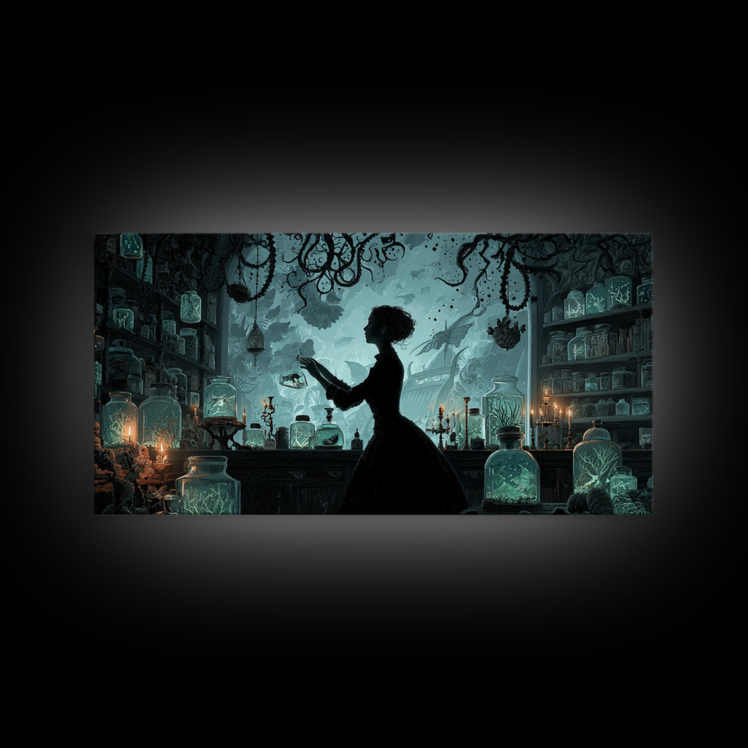 The Apothecary Of Black Seashell Dreams, Wide Panoramic Art, Cosmic Horror Wall Art, Canvas Print, Halloween Wall Decor, Gothic Home Decor