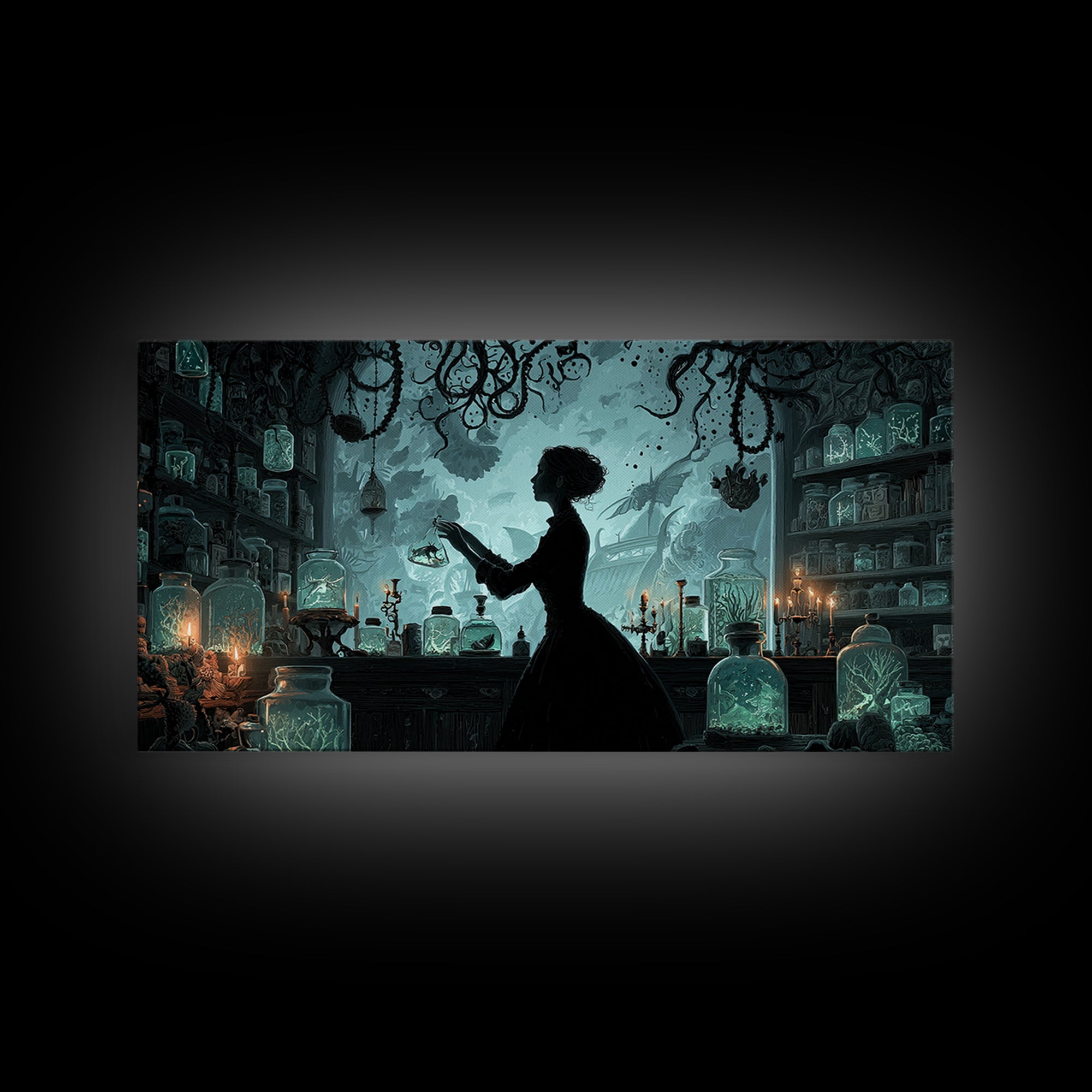 The Apothecary Of Black Seashell Dreams, Wide Panoramic Art, Cosmic Horror Wall Art, Canvas Print, Halloween Wall Decor, Gothic Home Decor