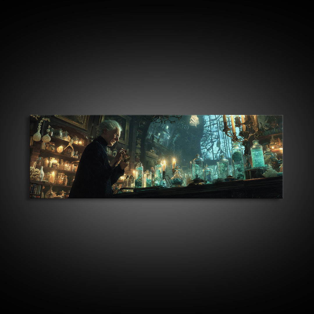 The Apothecary Of Black Seashell Dreams, Extra Wide Wall Art, Haunted Gothic Art, Framed Canvas Print, Halloween Wall Decor