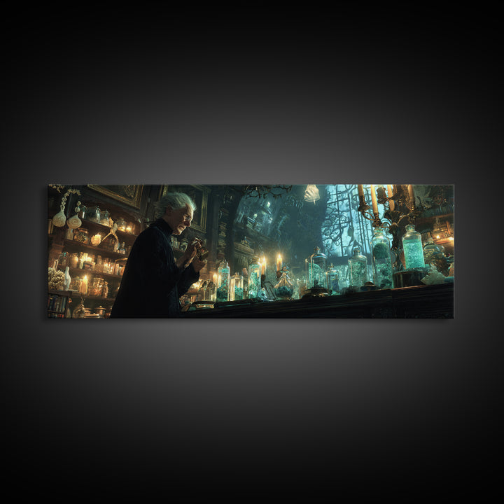 The Apothecary Of Black Seashell Dreams, Extra Wide Wall Art, Haunted Gothic Art, Framed Canvas Print, Halloween Wall Decor
