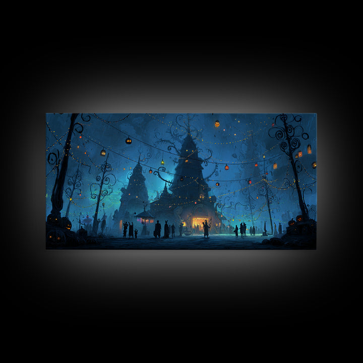 The Festival Of The Little Old Ones, Wide Panoramic Art, Spooky Home Decor, Canvas Print, Halloween Wall Decor, Gothic Home Decor