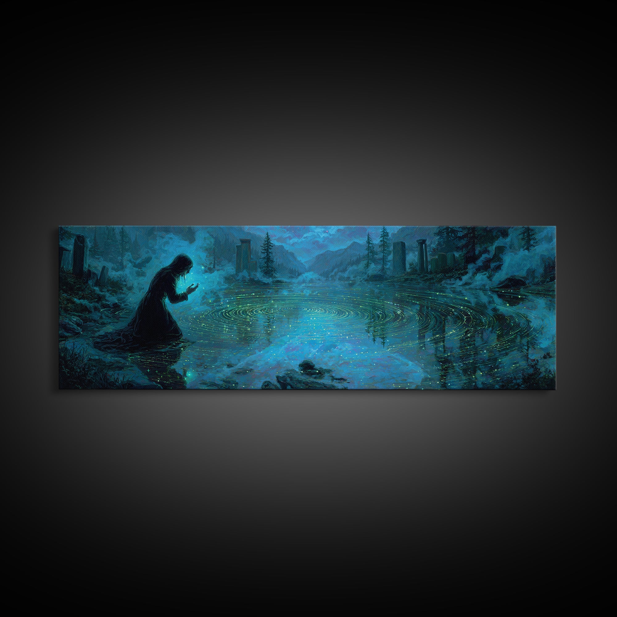 The Mirror Lake Of Lost Constellations, Extra Wide Wall Art, Eldritch Gothic Decor, Canvas Print, Halloween Wall Decor, Gothic Home Decor