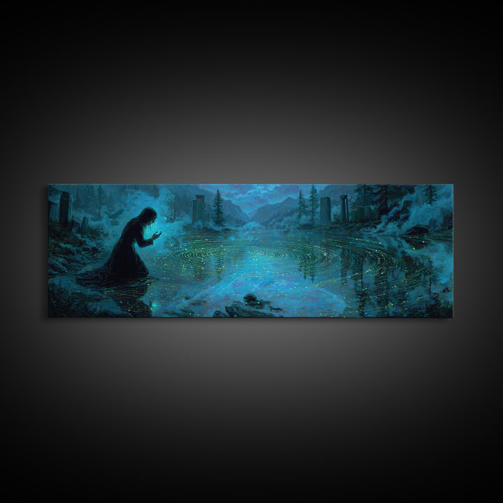 The Mirror Lake Of Lost Constellations, Extra Wide Wall Art, Eldritch Gothic Decor, Canvas Print, Halloween Wall Decor, Gothic Home Decor