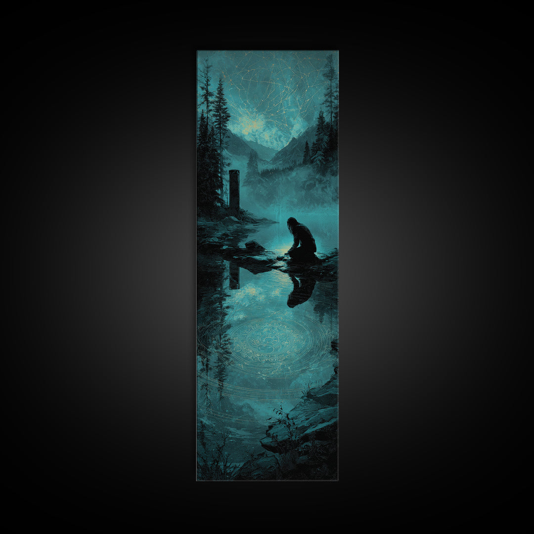 The Mirror Lake Of Lost Constellations, Tall Narrow Wall Art, Dark Fantasy Wall Art, Framed Canvas Print, Halloween Wall Decor