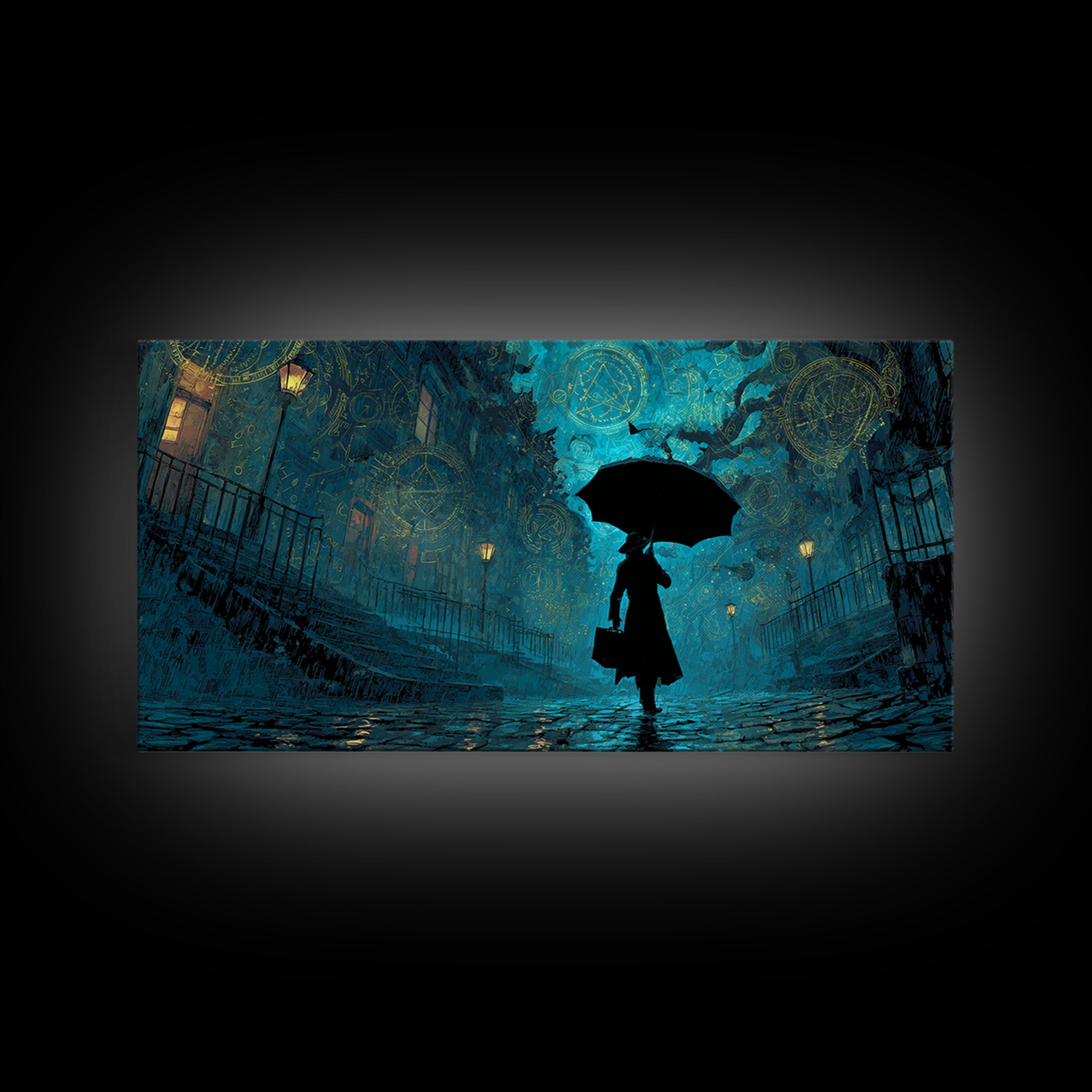 The Umbrella Of The Outer Rain, Wide Panoramic Art, Haunted Gothic Art, Framed Canvas Print, Halloween Wall Decor, Gothic Home Decor