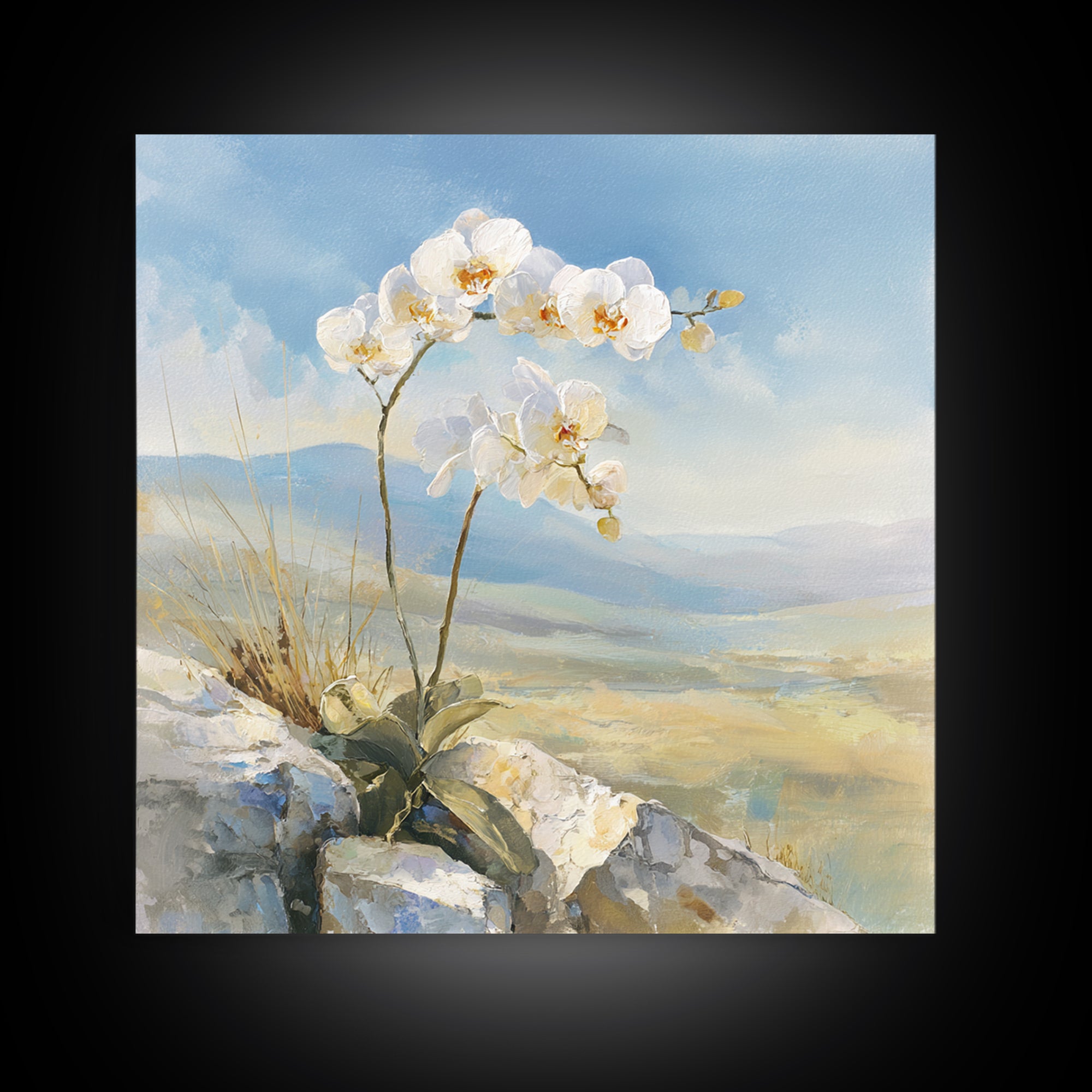 White Orchid on Stone Background Framed Canvas Print, Dental Office Art, Printable Wall Art, Office Decor, Fine Art, Calm, DOA-1x1-12