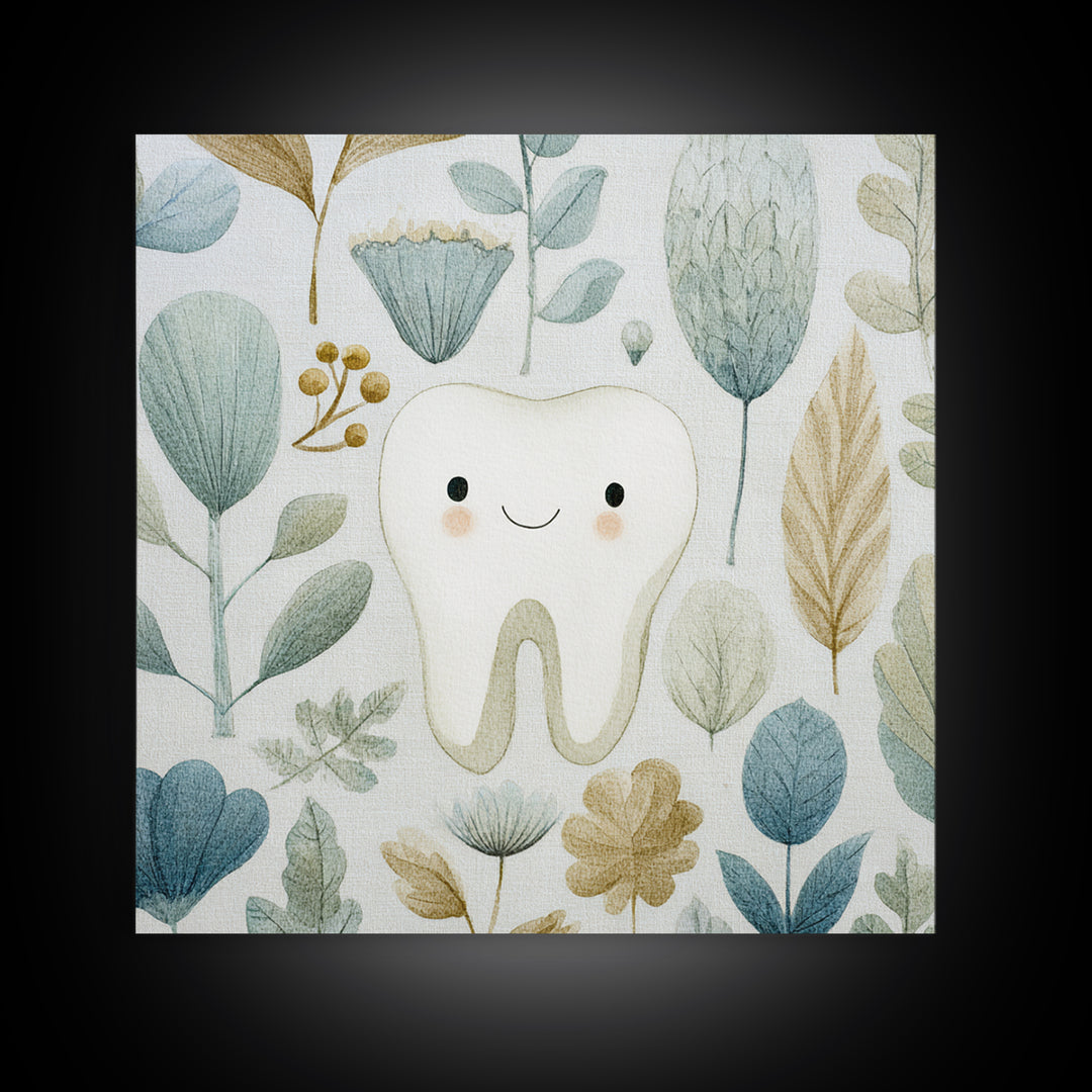 Playful Tooth Shaped Character Framed Canvas Print, Dental Office Art, Dental Wall Art, Office Decor, Abstract Art, Calm, DOA-1x1-6