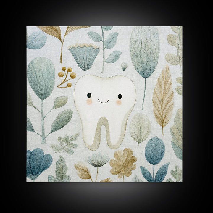 Playful Tooth Shaped Character Framed Canvas Print, Dental Office Art, Dental Wall Art, Office Decor, Abstract Art, Calm, DOA-1x1-6