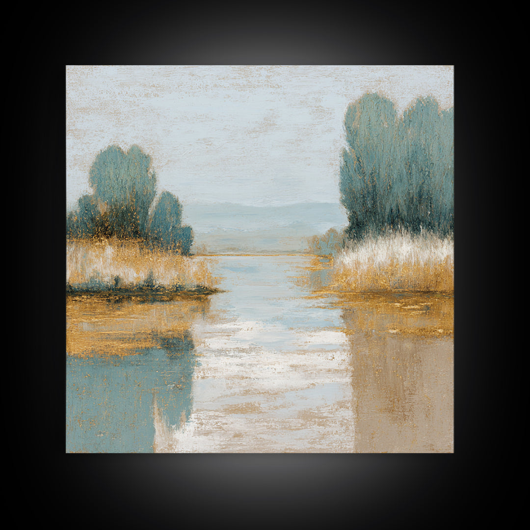 Sunlit Lake with Calming Reflections Framed Canvas Print, Dental Office Art, Dental Gift, Office Decor, Oil Painting, Calm, DOA-1x1-63