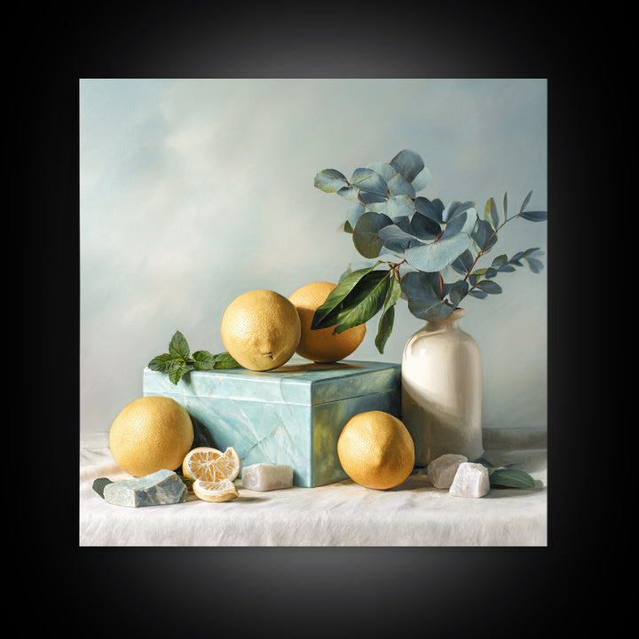 Fresh Citrus and Mint Still Life Framed Canvas Print, Dental Office Art, Medical Office Art, Office Decor, Oil Painting, Calm, DOA-1x1-79