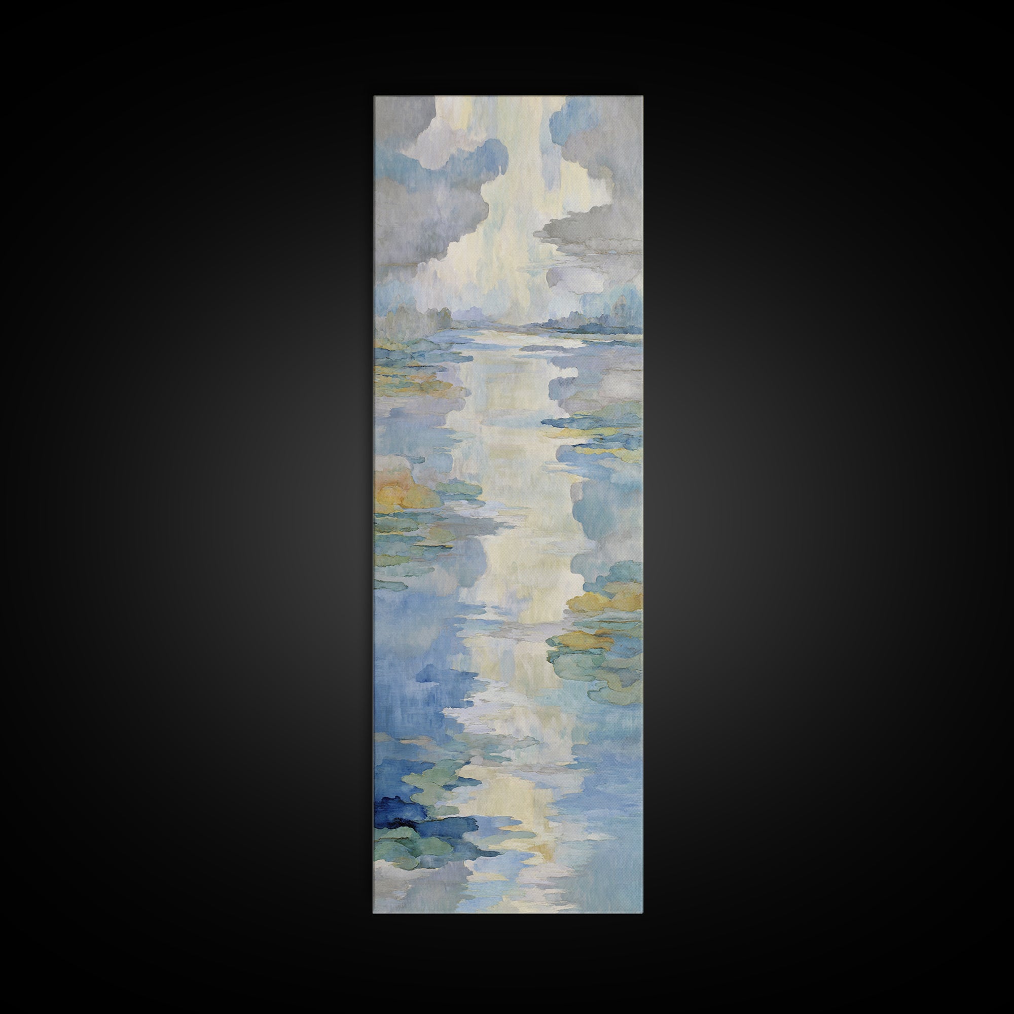 Sunlit Lake with Calming Reflections Framed Canvas Print, Dental Office Art, Wall Art, Office Decor, Oil Painting, Calm, DOA-1x3-75