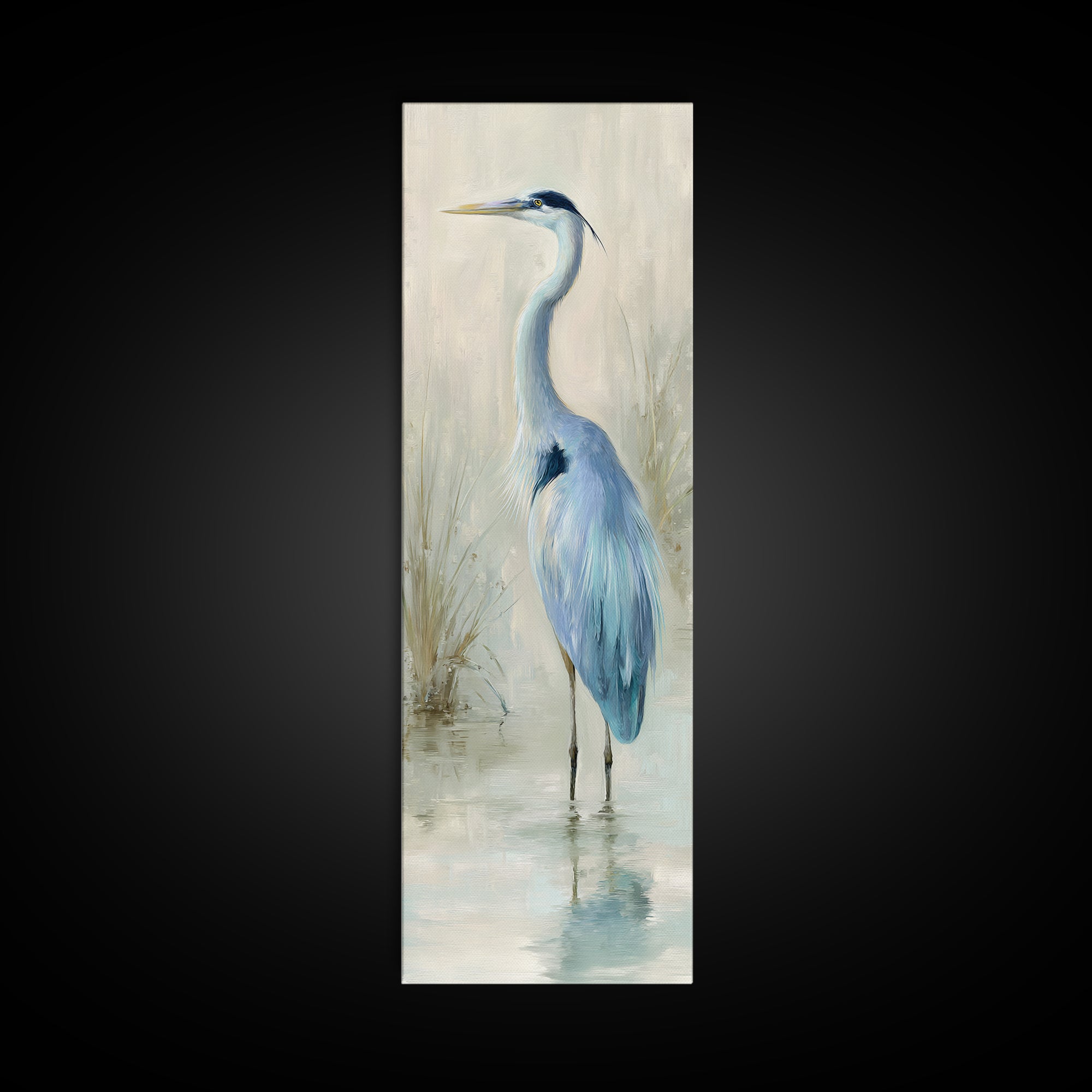 Blue Heron by Calm Marsh Water Framed Canvas Print, Dental Office Art, Textured Painting, Office Decor, Fine Art, Calm, DOA-1x3-83