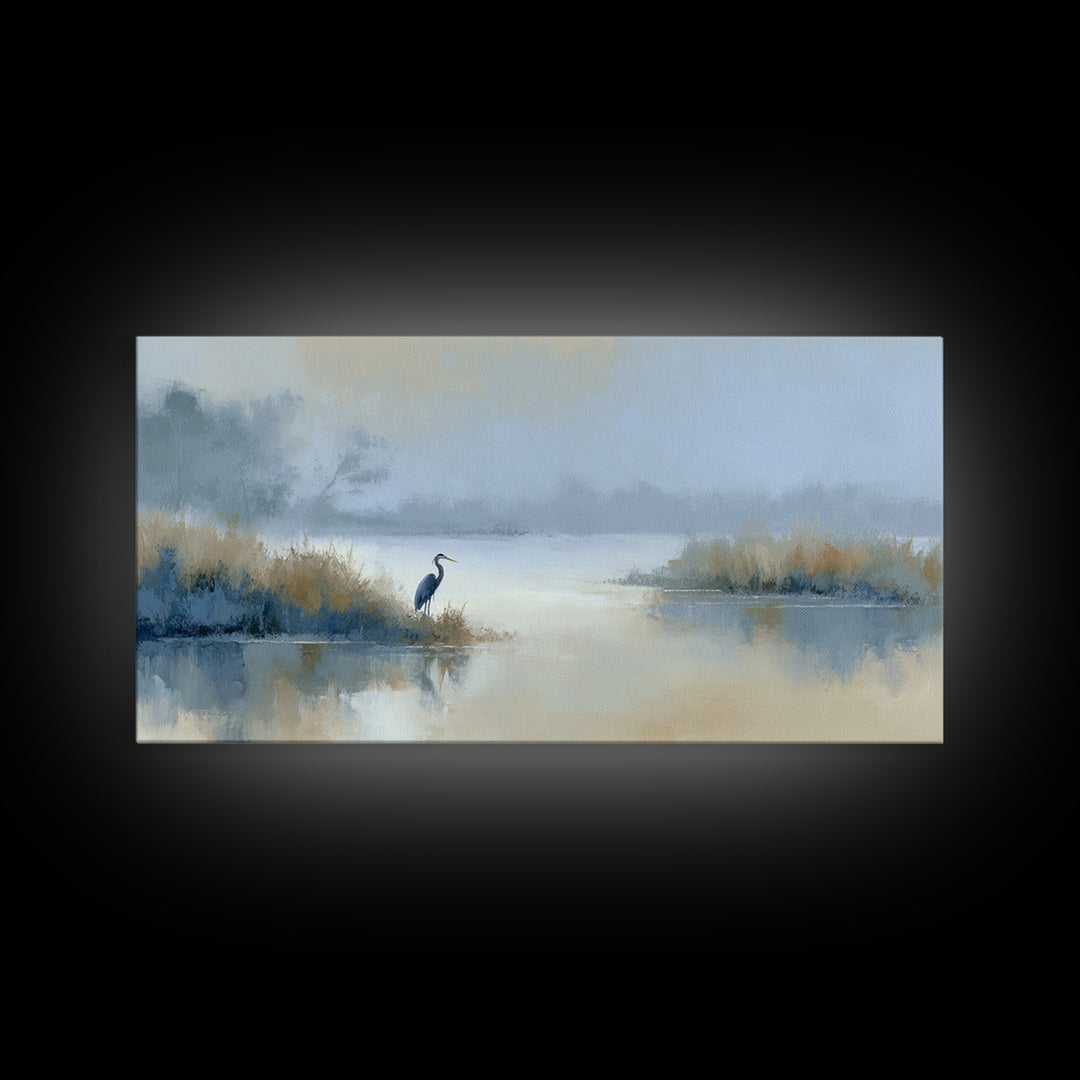 Blue Heron by Calm Marsh Water Framed Canvas Print, Dental Office Art, Tooth Art, Office Decor, Fine Art, Calm, Modern Decor, DOA-2x1-19