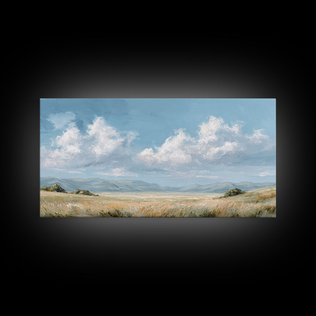 Peaceful Clouds over Open Meadow Framed Canvas Print, Dental Office Art, Modern Decor, Office Decor, Fine Art, Calm, Poster, DOA-2x1-29