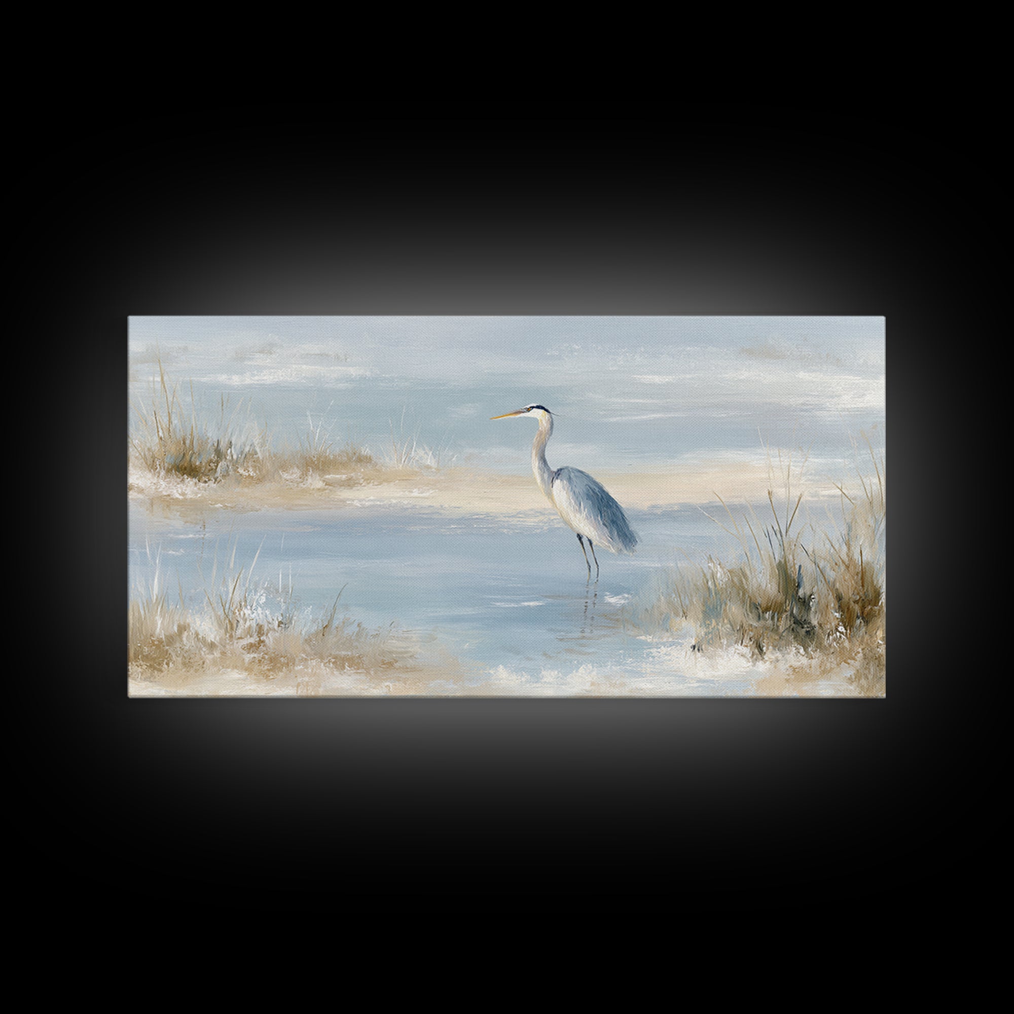 Blue Heron by Calm Marsh Water Framed Canvas Print, Dental Office Art, Contemporary Art, Office Decor, Fine Art, Calm, DOA-2x1-43
