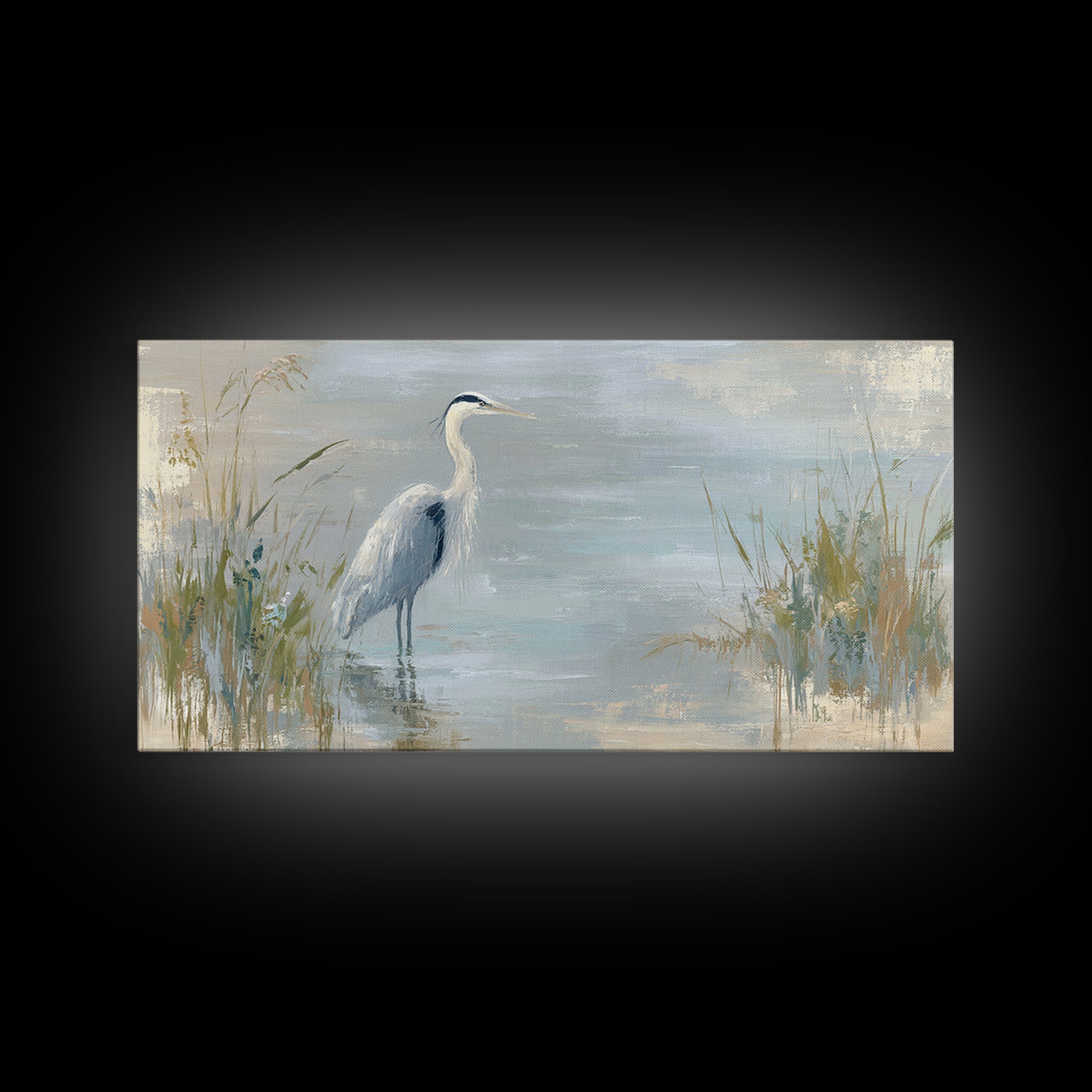 Blue Heron by Calm Marsh Water Framed Canvas Print, Dental Office Art, Tooth Art, Office Decor, Fine Art, Calm, Modern Decor, DOA-2x1-67