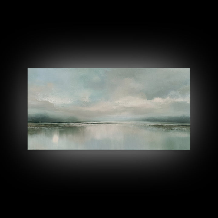 Sunlit Lake with Calming Reflections Framed Canvas Print, Dental Office Art, Boho Decor, Office Decor, Oil Painting, Calm, DOA-2x1-83