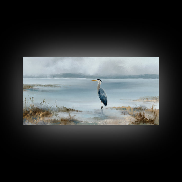 Blue Heron by Calm Marsh Water Framed Canvas Print, Dental Office Art, Contemporary Art, Office Decor, Fine Art, Calm, DOA-2x1-91