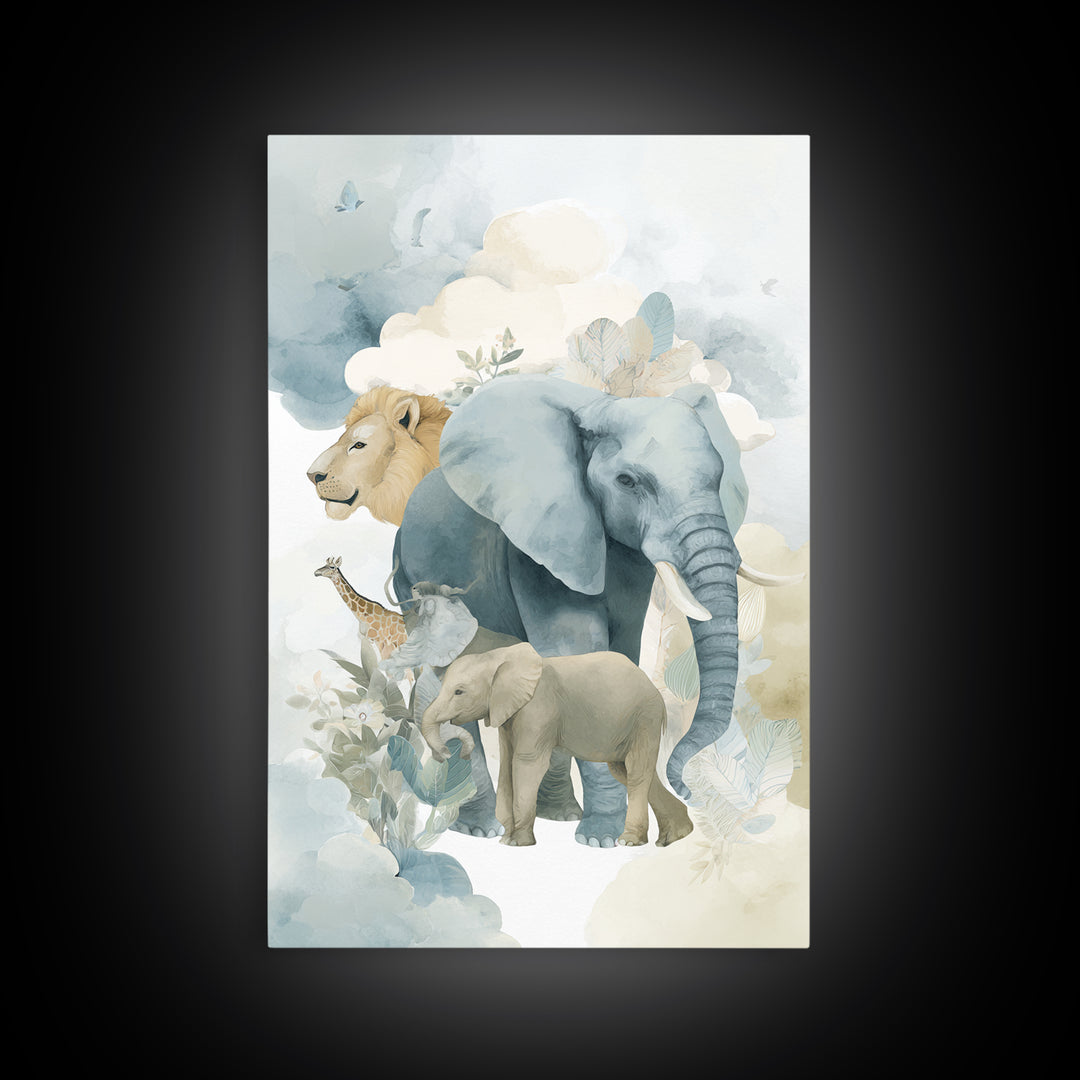 Happy Jungle Animals Framed Canvas Print, Dental Office Art, Textured Painting, Office Decor, Calm, Room Decor Aesthetic, DOA-2x3-94