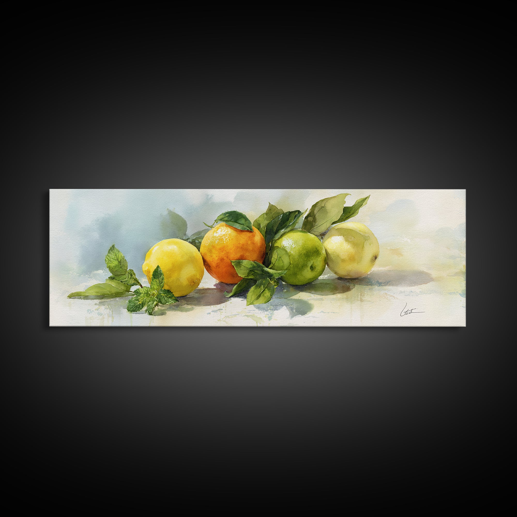 Fresh Citrus and Mint Still Life Framed Canvas Print, Dental Office Art, Room Decor, Office Decor, Oil Painting, Calm, DOA-3x1-47