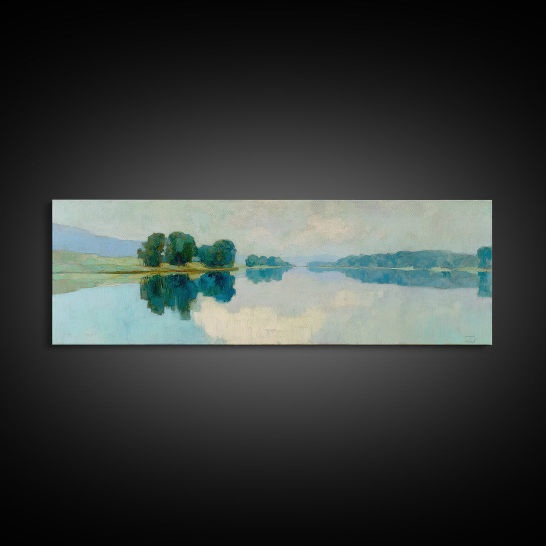 Sunlit Lake with Calming Reflections Framed Canvas Print, Dental Office Art, Boho Decor, Office Decor, Oil Painting, Calm, DOA-3x1-55