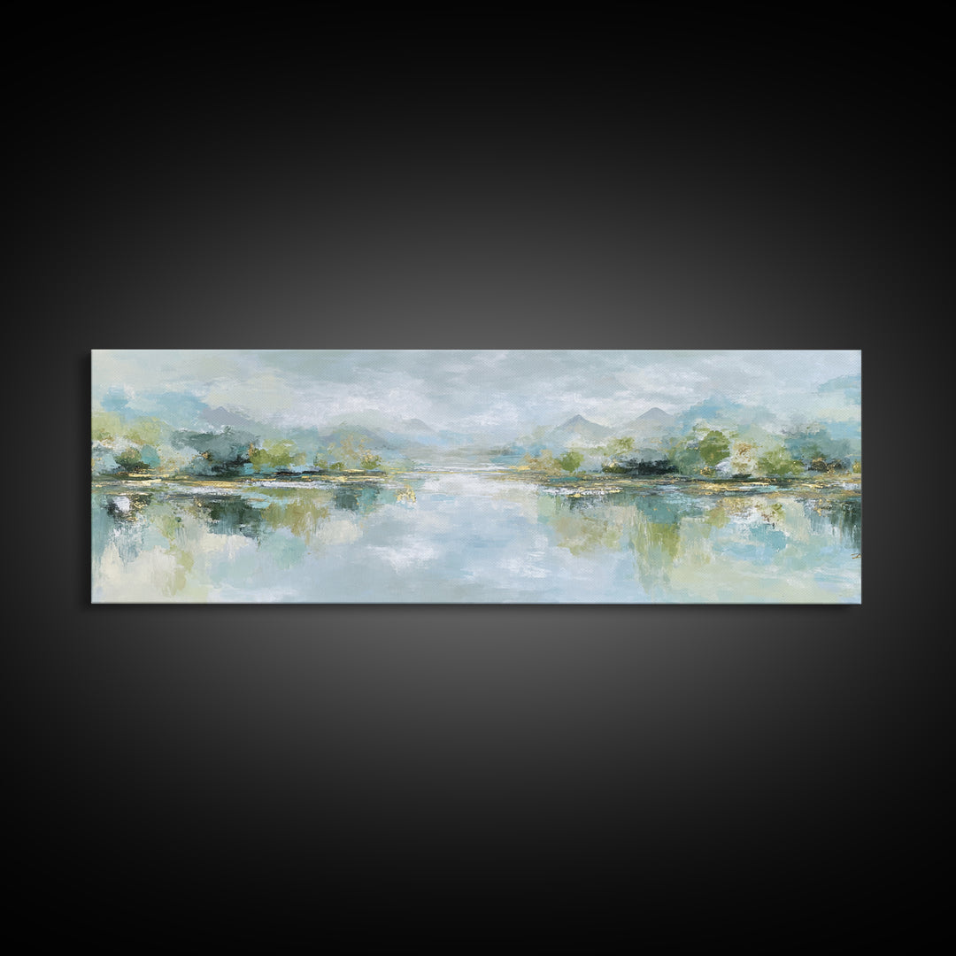 Sunlit Lake with Calming Reflections Framed Canvas Print, Dental Office Art, Dental Gift, Office Decor, Watercolor Art, Calm, DOA-3x1-7
