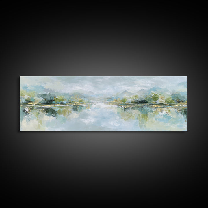 Sunlit Lake with Calming Reflections Framed Canvas Print, Dental Office Art, Dental Gift, Office Decor, Watercolor Art, Calm, DOA-3x1-7