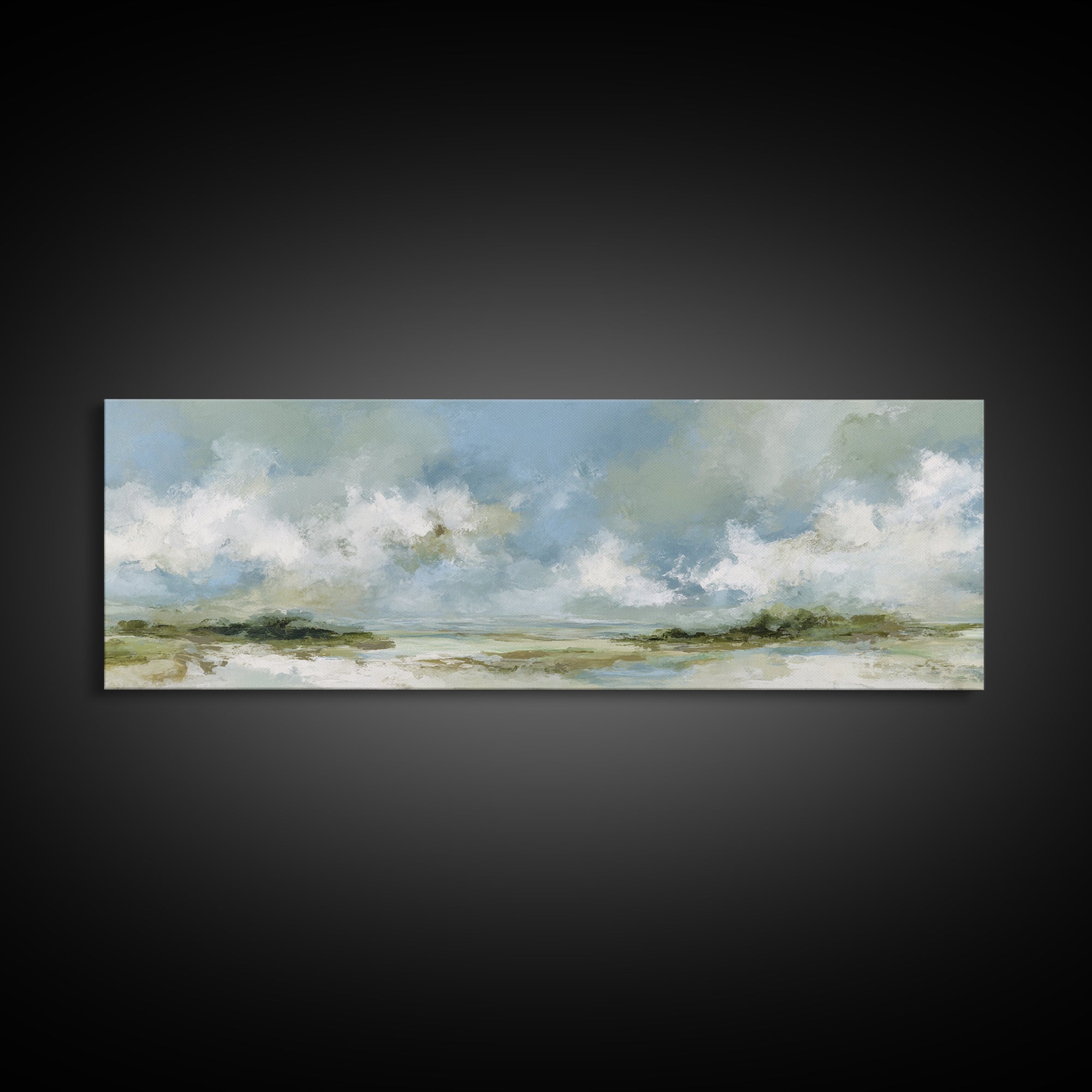 Peaceful Clouds over Open Meadow Framed Canvas Print, Dental Office Art, Dental Wall Art, Office Decor, Oil Painting, Calm, DOA-3x1-73