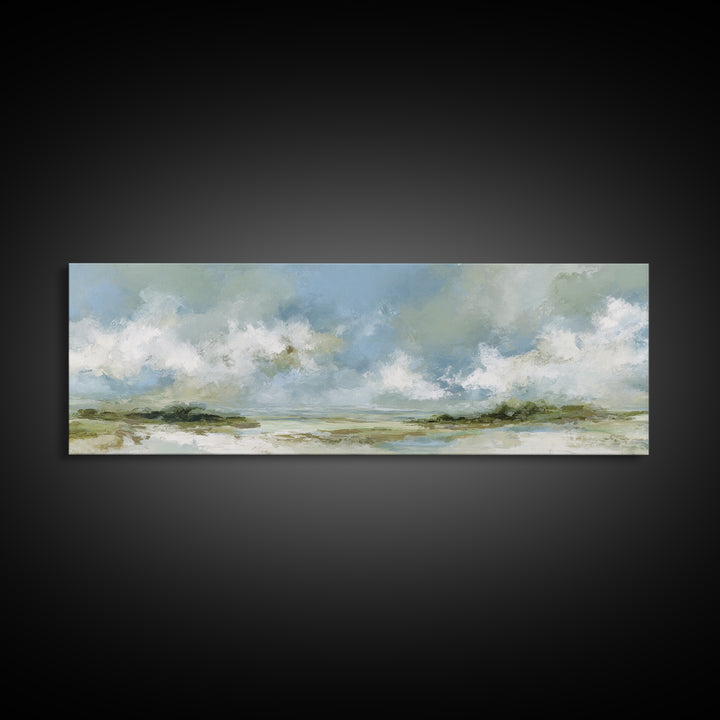 Peaceful Clouds over Open Meadow Framed Canvas Print, Dental Office Art, Dental Wall Art, Office Decor, Oil Painting, Calm, DOA-3x1-73