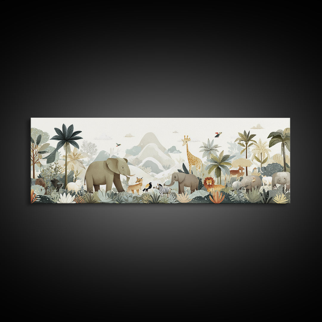 Happy Jungle Animals Canvas Print, Dental Office Art, Statement Artwork, Office Decor, Fine Art, Calm, Printable Wall Art, DOA-3x1-78