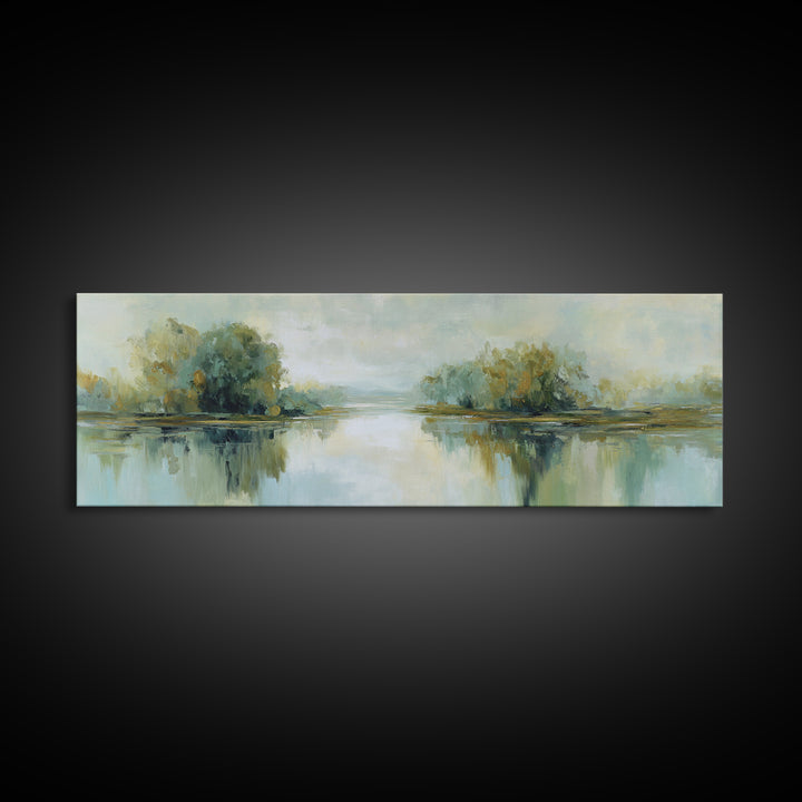 Sunlit Lake with Calming Reflections Framed Canvas Print, Dental Office Art, Printable Wall Art, Office Decor, Fine Art, Calm, DOA-3x1-79
