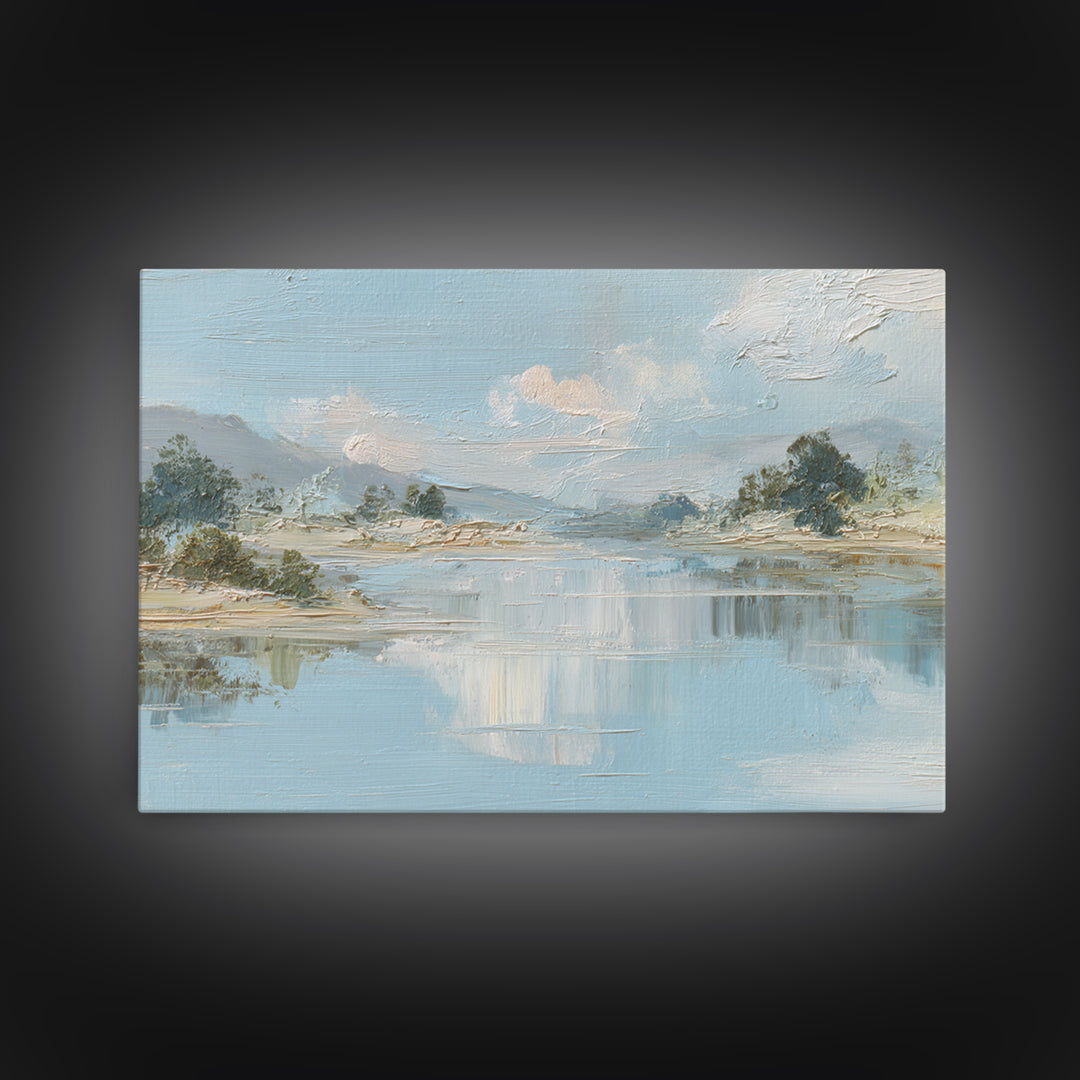 Sunlit Lake with Calming Reflections Framed Canvas Print, Dental Office Art, Wall Art, Office Decor, Watercolor Art, Calm, DOA-3x2-19