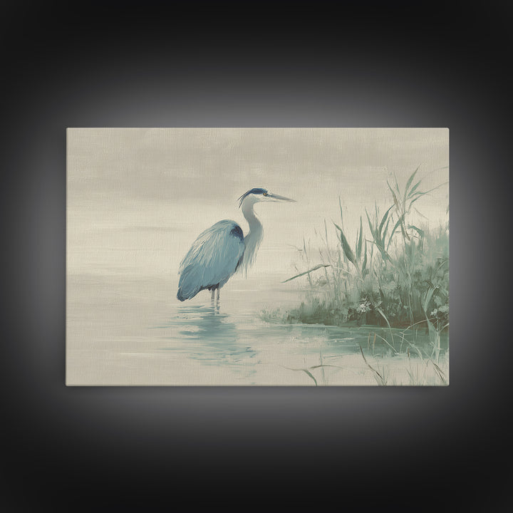 Blue Heron by Calm Marsh Water Framed Canvas Print, Dental Office Art, Textured Painting, Office Decor, Fine Art, Calm, DOA-3x2-27
