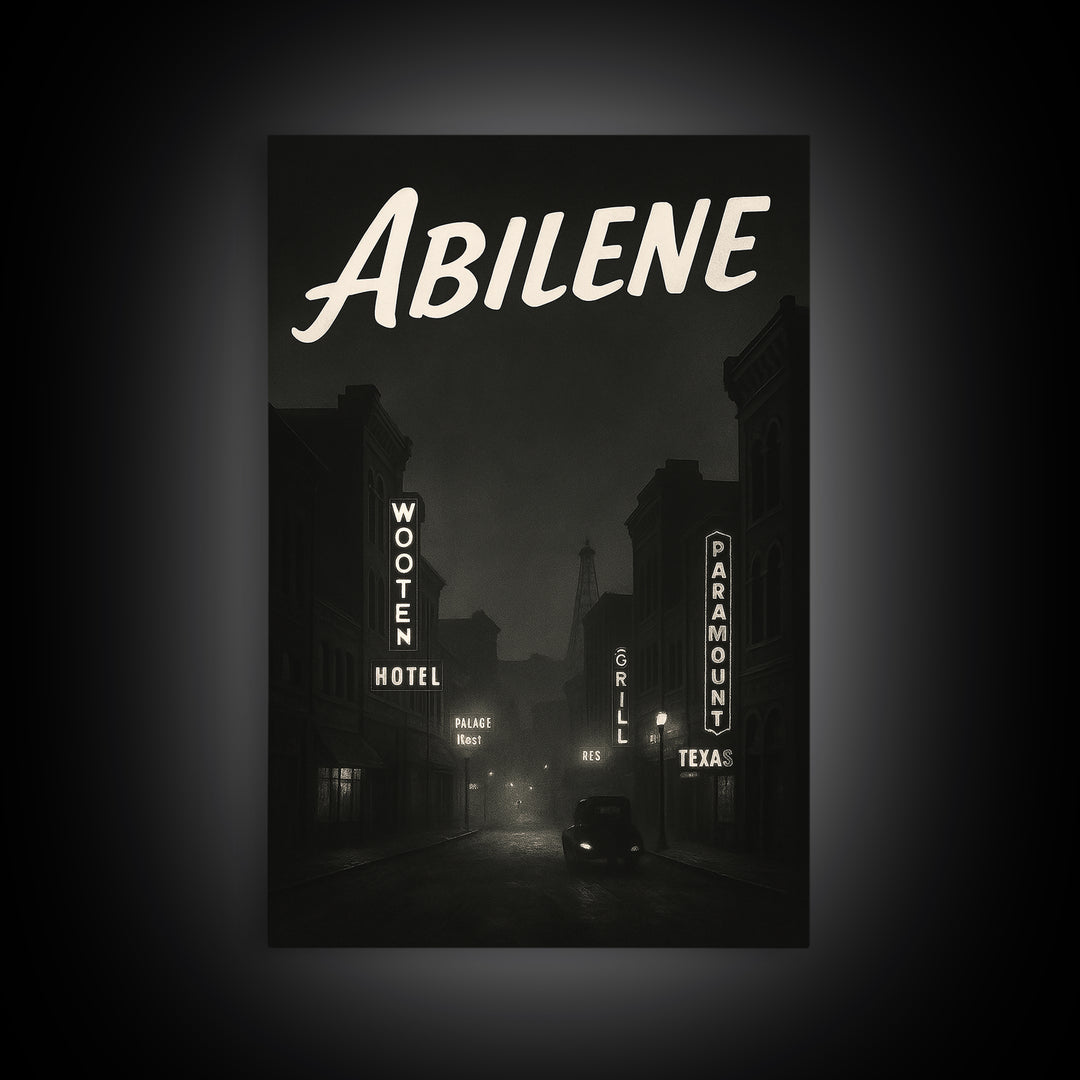 Abilene Texas Travel Poster, Canvas Print, Night Street Poster Art, Abilene Wall Art, City Art Print, Mid Century Wall Art, City Poster