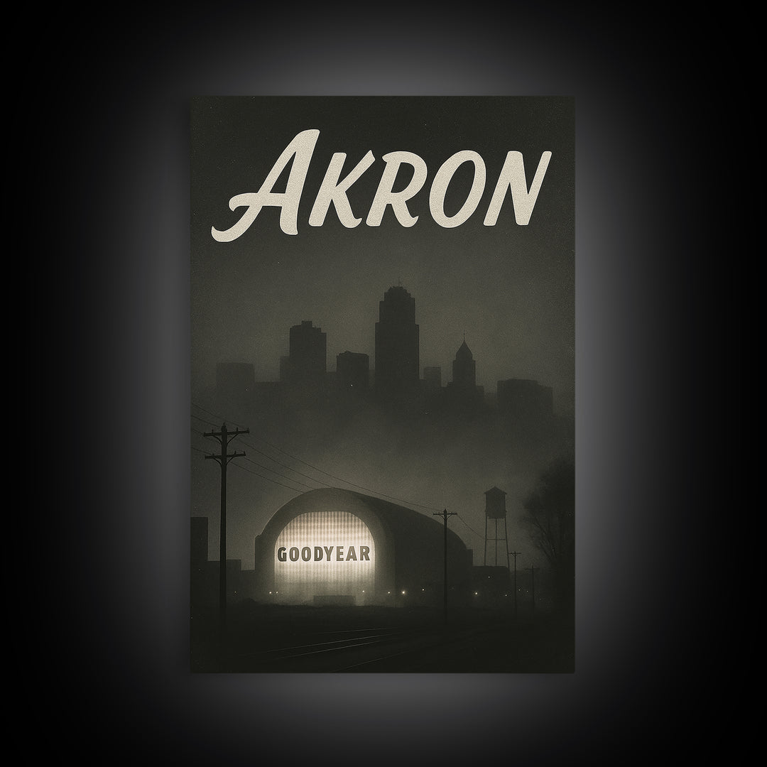 Akron Ohio Travel Poster, Canvas Print, Black And White Travel Art, Akron Wall Art, Vintage Travel Print, Travel Poster Art, City Art Print